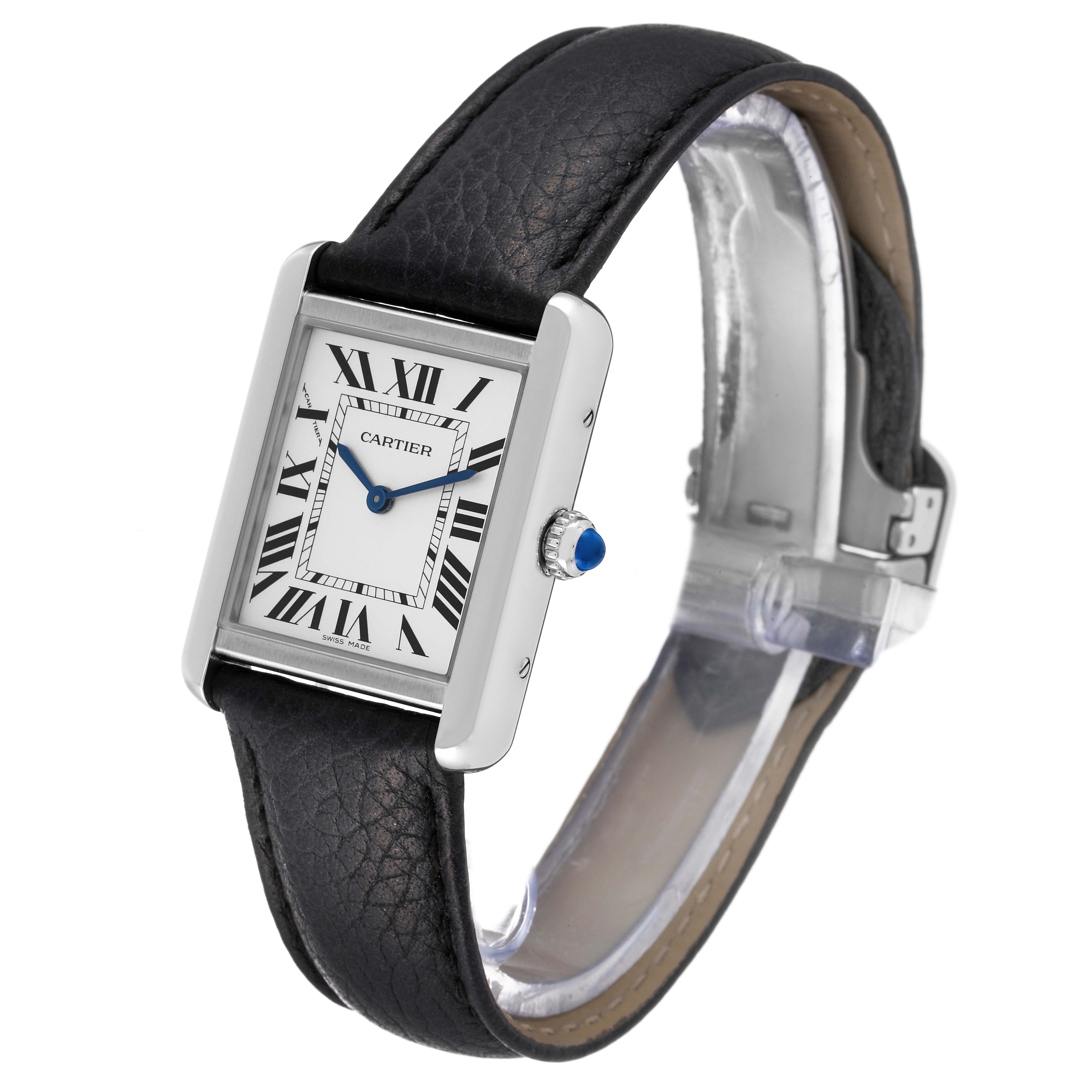 The Cartier Tank Solo W1018255 Women
s Stainless Steel Silver Dial W1018255 Women
s Stainless Steel Silver Dial watch is shown at a slight angle highlighting its rectangular face, Roman numerals, and black leather strap.