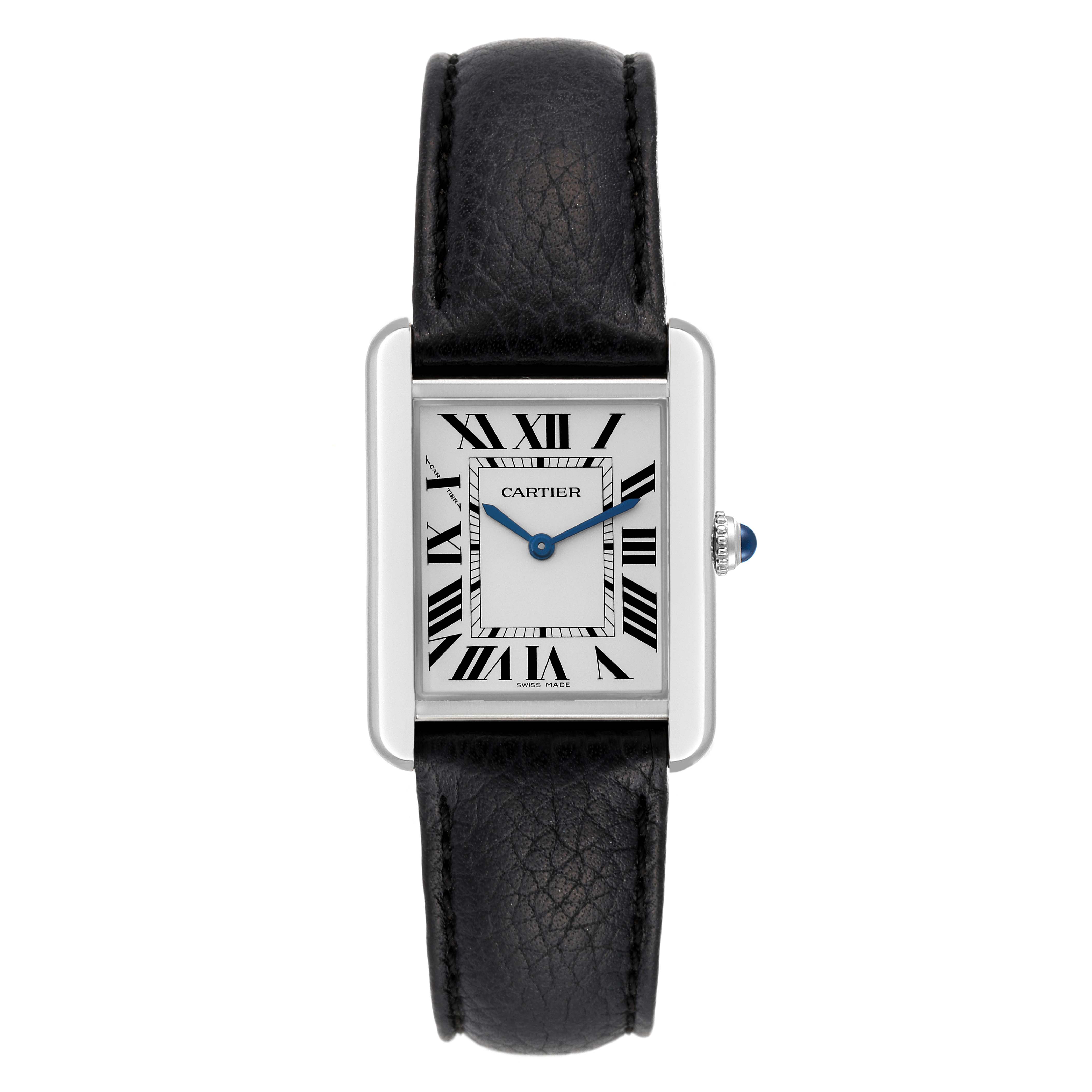 The Cartier Tank Solo W1018255 Women
s Stainless Steel Silver Dial W1018255 Women
s Stainless Steel Silver Dial watch is shown from a front angle, displaying its black leather strap and rectangular face with Roman numerals.