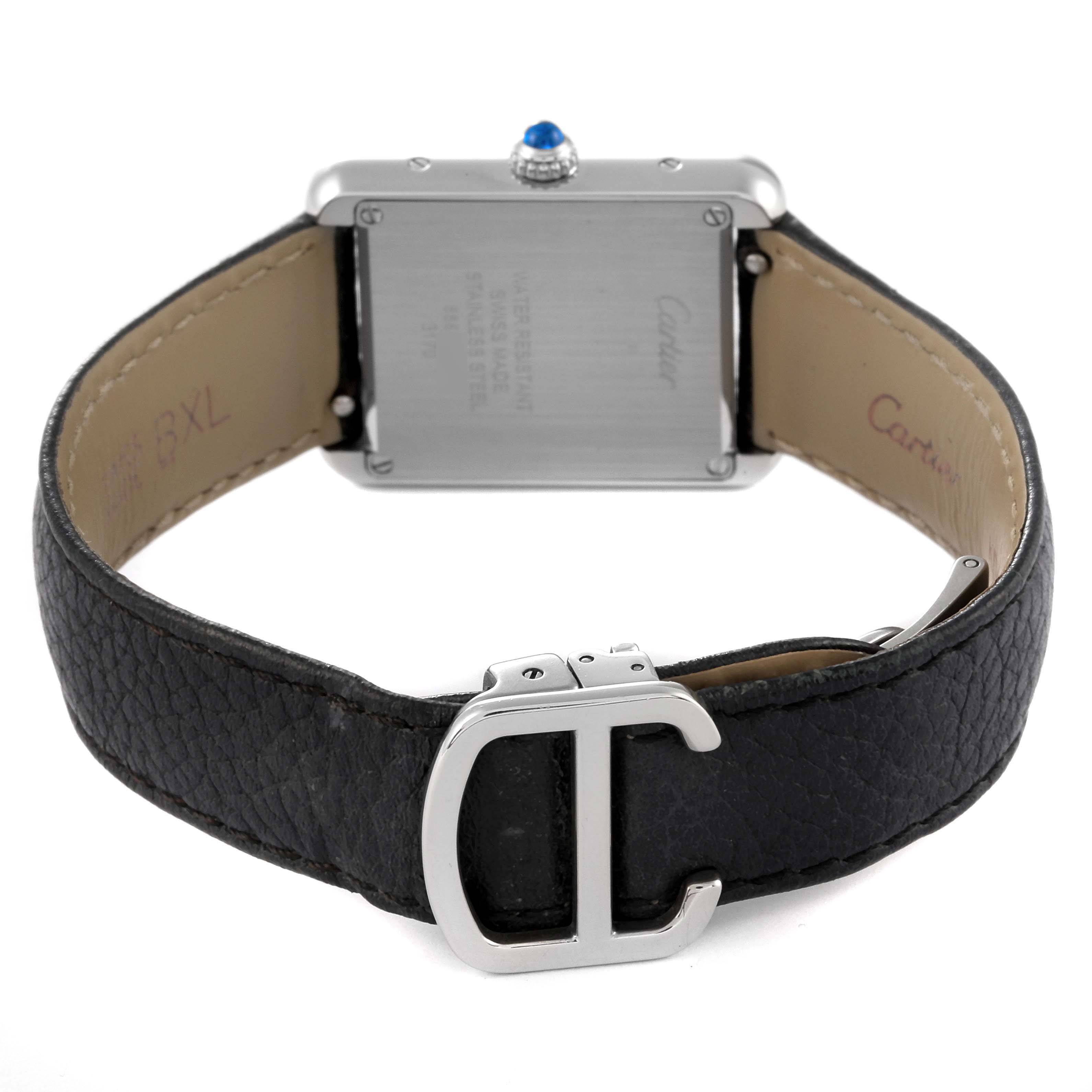 This image shows the back of a Cartier Tank Solo W1018255 Women
s Stainless Steel Silver Dial W1018255 Women
s Stainless Steel Silver Dial watch, including the buckle and leather strap.