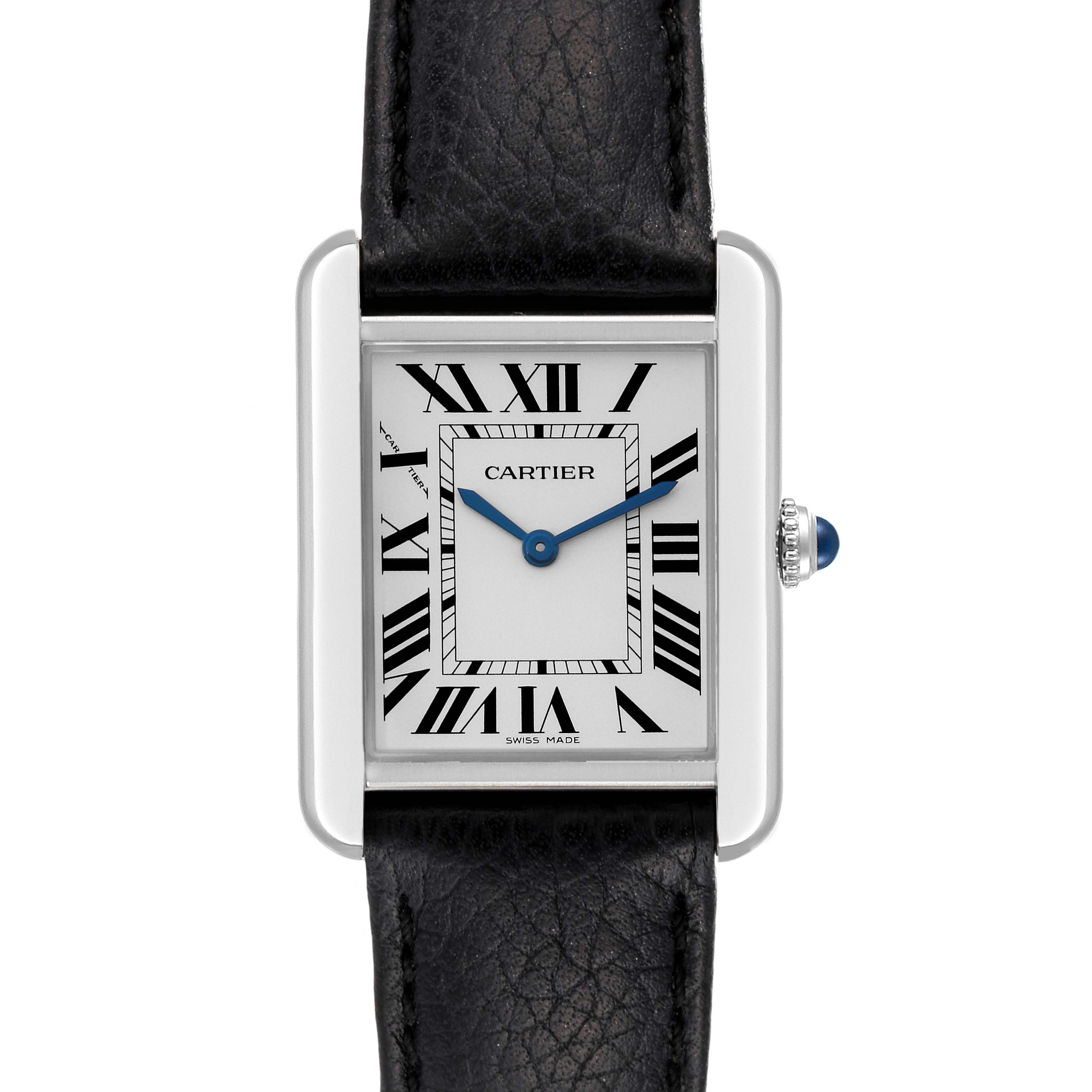 The image shows a front view of a Cartier Tank Solo W1018255 Women
s Stainless Steel Silver Dial W1018255 Women
s Stainless Steel Silver Dial watch, displaying the dial, case, and leather strap.
