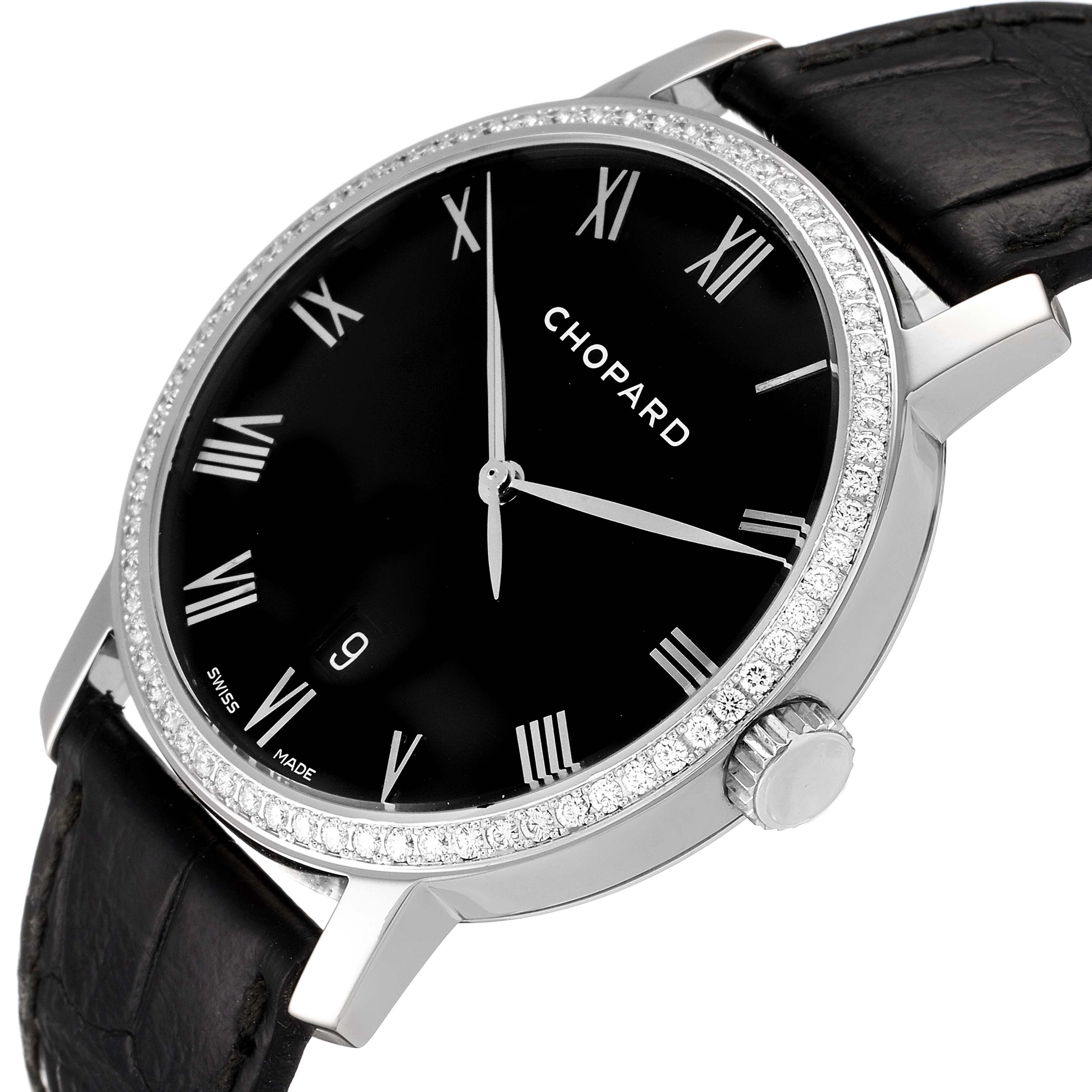 The image shows a close-up and angled view of the Chopard Happy Diamond 1278 Men's White Gold Black Dial 1278 Men's White Gold Black Dial watch, highlighting the face, bezel, and part of the strap.