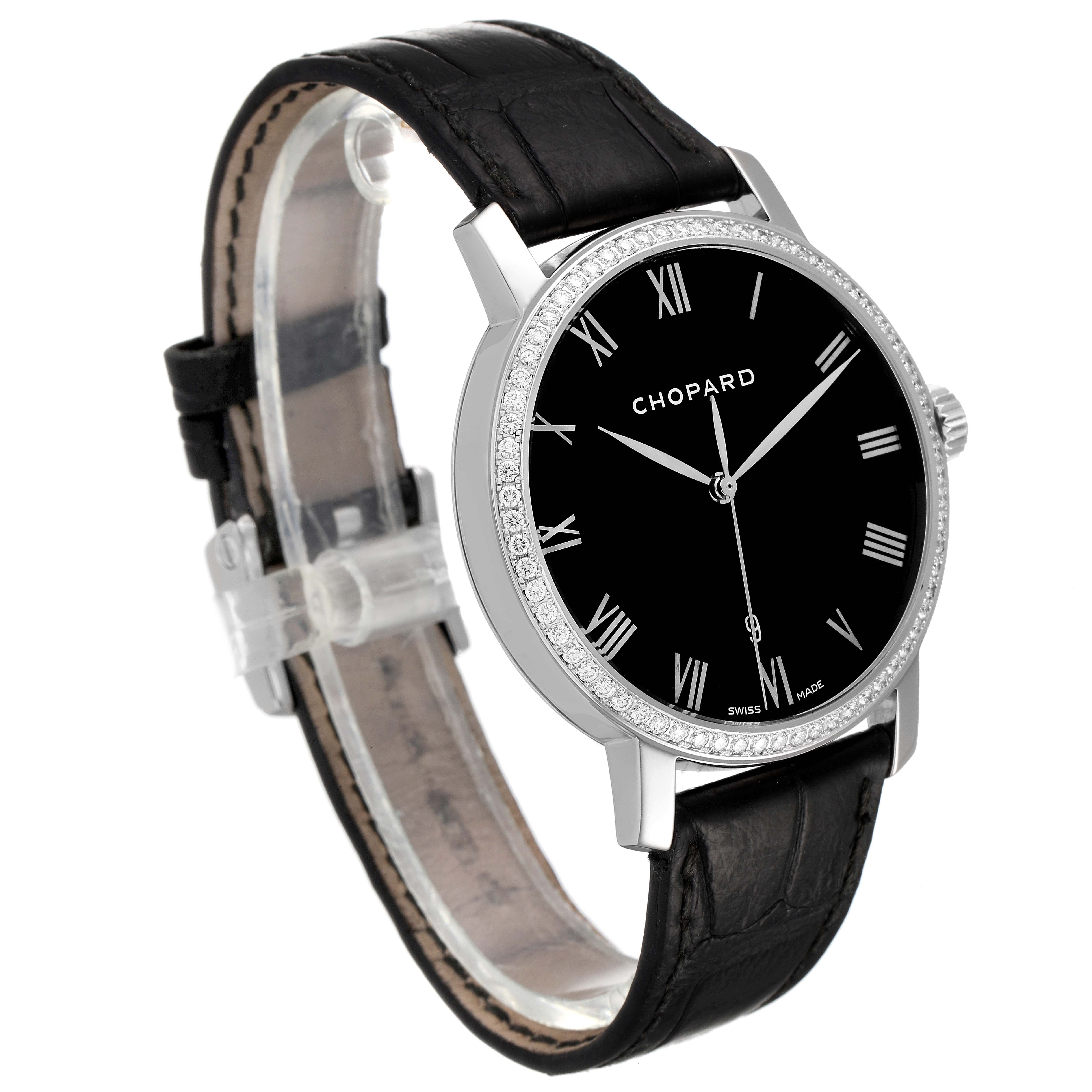 This image shows a Chopard Happy Diamond 1278 Men's White Gold Black Dial 1278 Men's White Gold Black Dial watch from an angled front view, displaying the face, bezel, case, and leather strap.