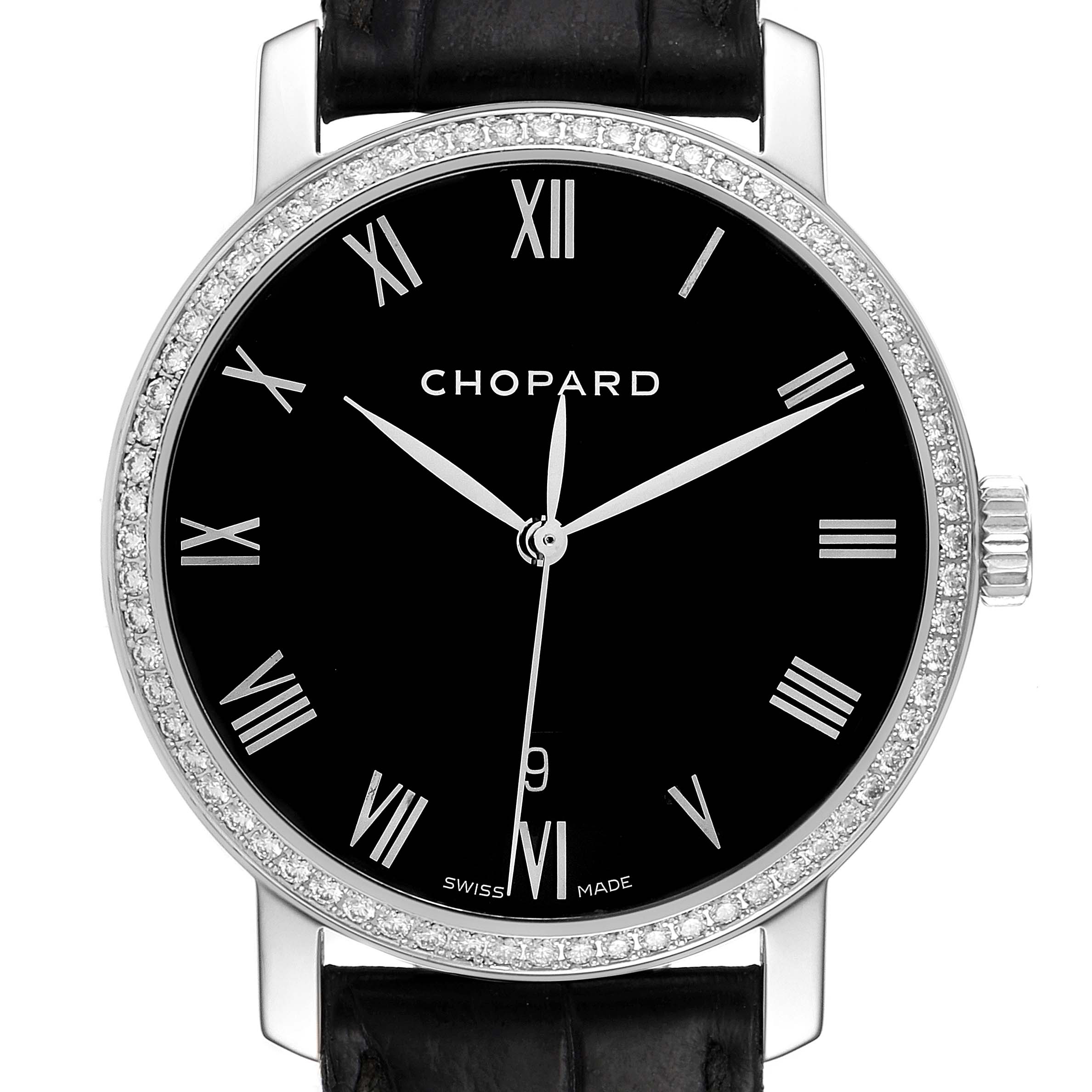 This image shows a front view of a Chopard Happy Diamond 1278 Men's White Gold Black Dial 1278 Men's White Gold Black Dial model watch, highlighting its black dial, Roman numerals, and diamond-set bezel.