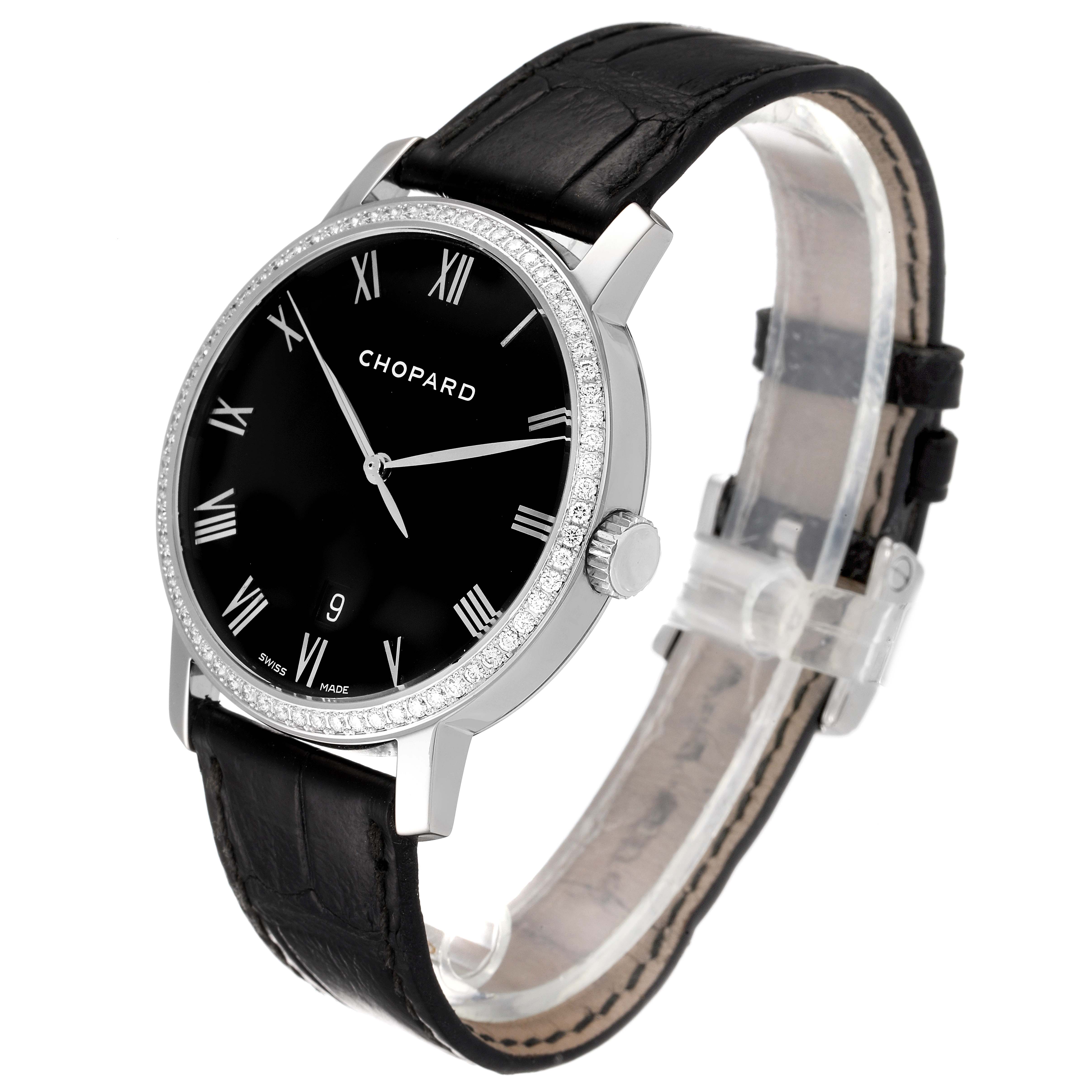 This image shows a side view of the Chopard Happy Diamond 1278 Men's White Gold Black Dial 1278 Men's White Gold Black Dial watch, highlighting the face, bezel, and strap.