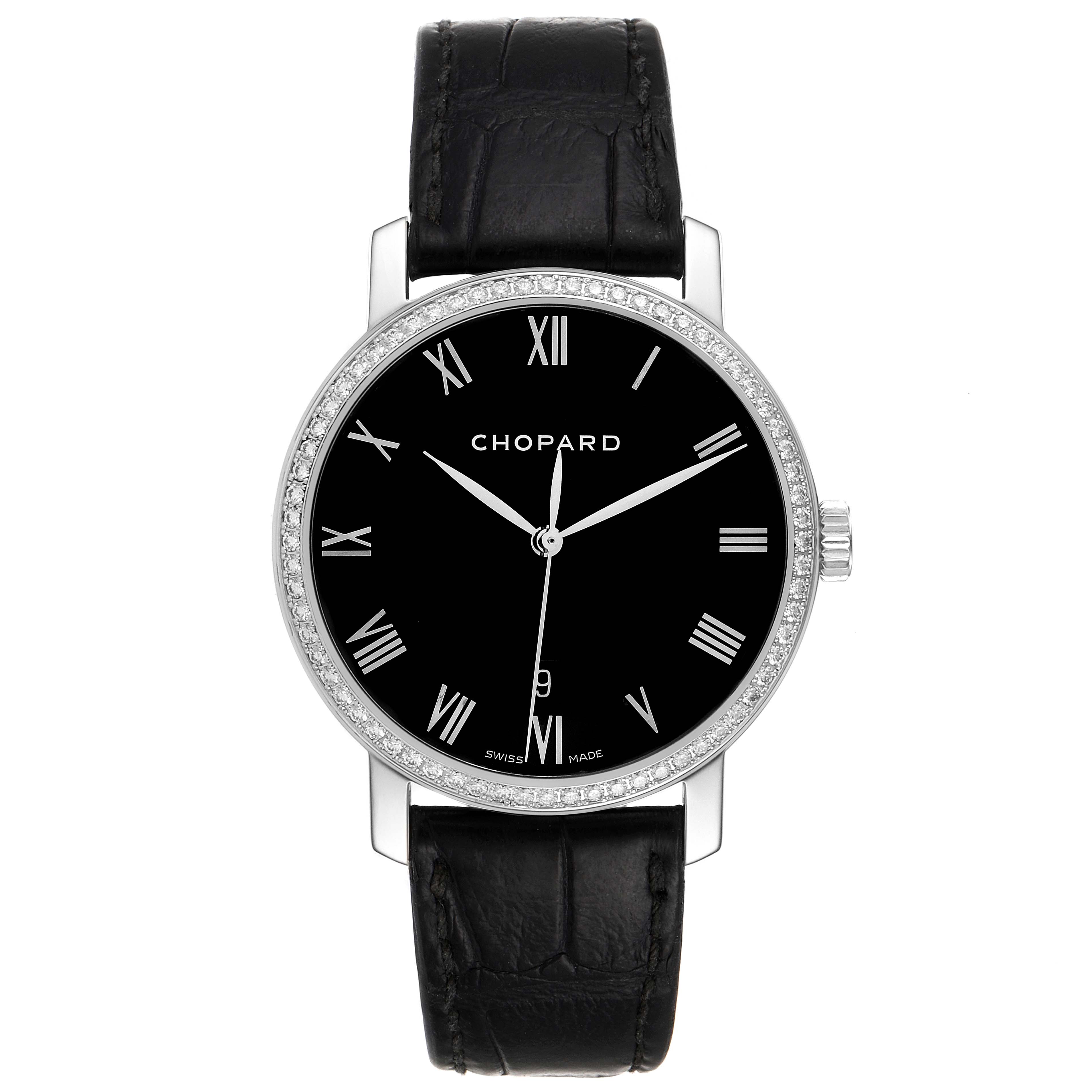 This image shows a frontal view of a Chopard Happy Diamond 1278 Men's White Gold Black Dial 1278 Men's White Gold Black Dial model watch with a black dial, Roman numerals, and a black leather strap.