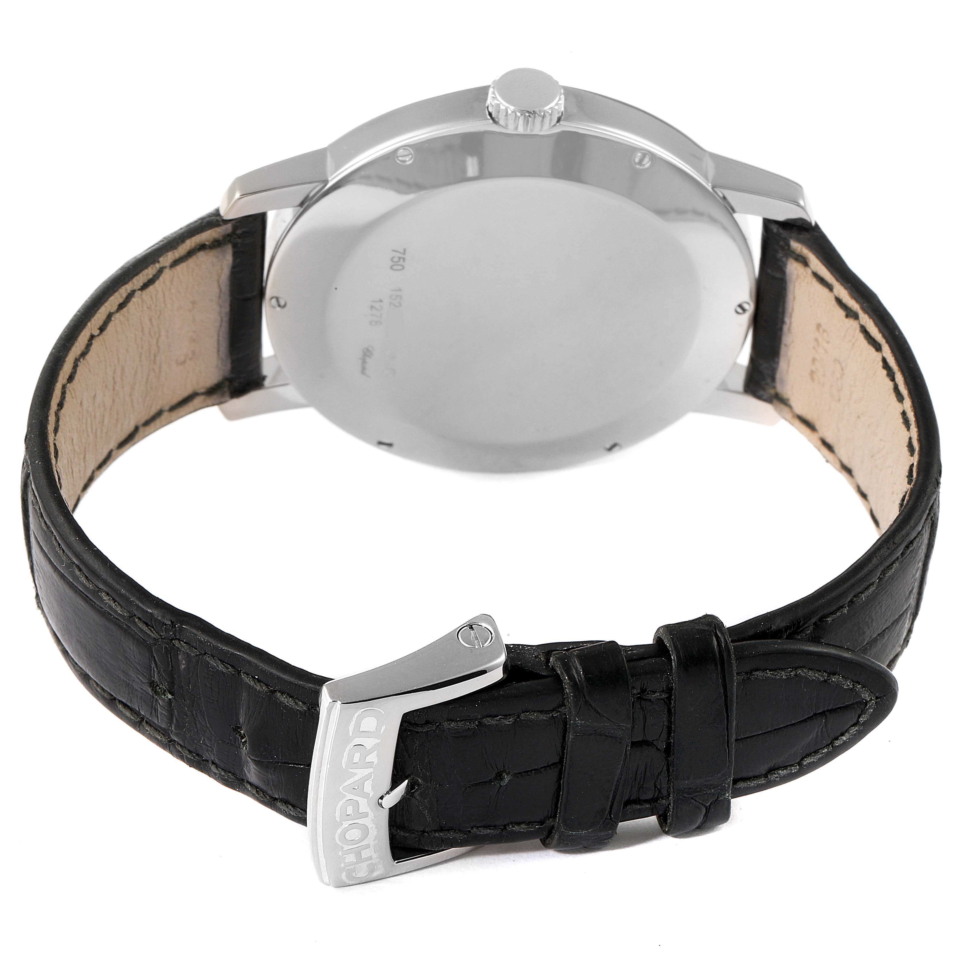 The image shows the back of a Chopard Happy Diamond 1278 Men's White Gold Black Dial 1278 Men's White Gold Black Dial watch, highlighting the case back and leather strap with the buckle.