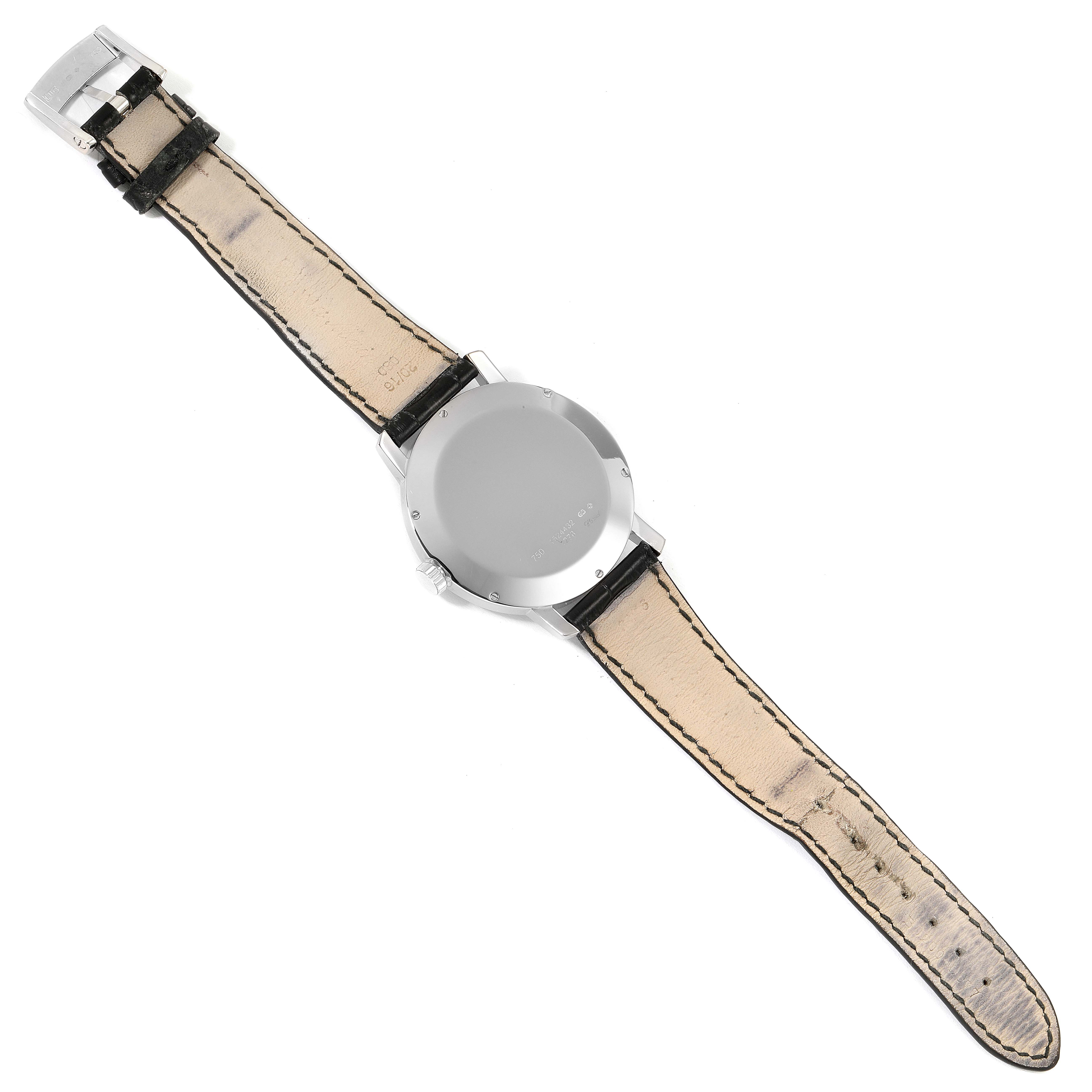 This image shows the back view of a Chopard Happy Diamond 1278 Men's White Gold Black Dial 1278 Men's White Gold Black Dial watch, highlighting the case back and leather strap.