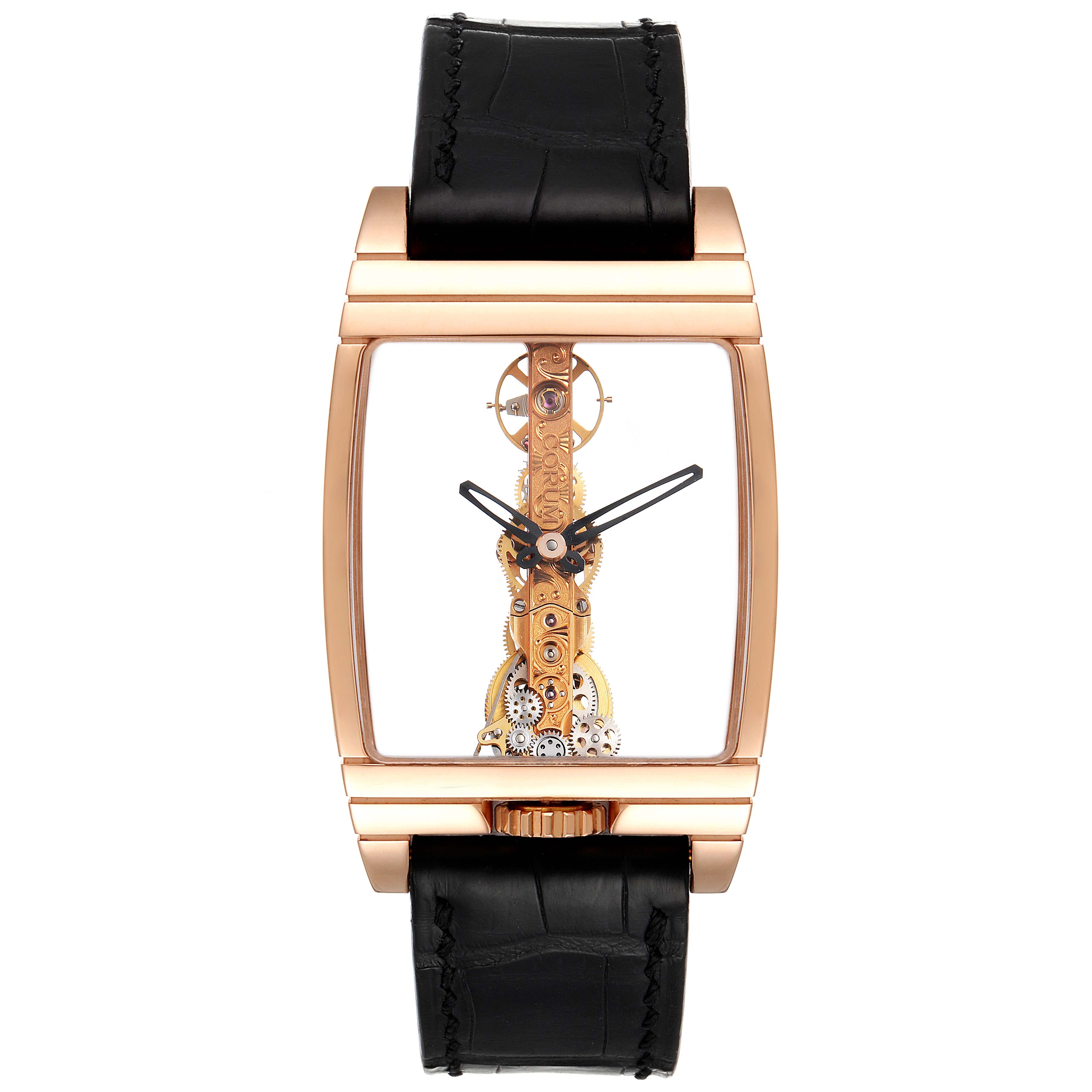 The image shows the front view of the Corum Golden Bridge B113/01043 - 113.160.55/0002 0000 Men's Rose Gold Transparent Dial B113/01043 - 113.160.55/0002 0000 Men's Rose Gold Transparent Dial watch, highlighting its transparent case and internal mechanics.