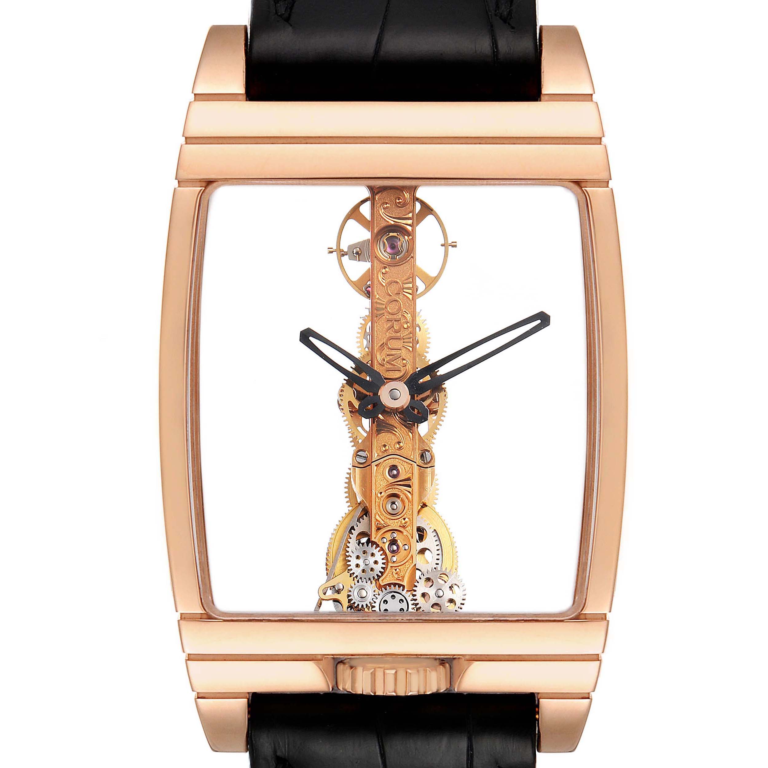 The Corum Golden Bridge B113/01043 - 113.160.55/0002 0000 Men's Rose Gold Transparent Dial watch is shown from the front, highlighting its unique vertical movement and transparent face.