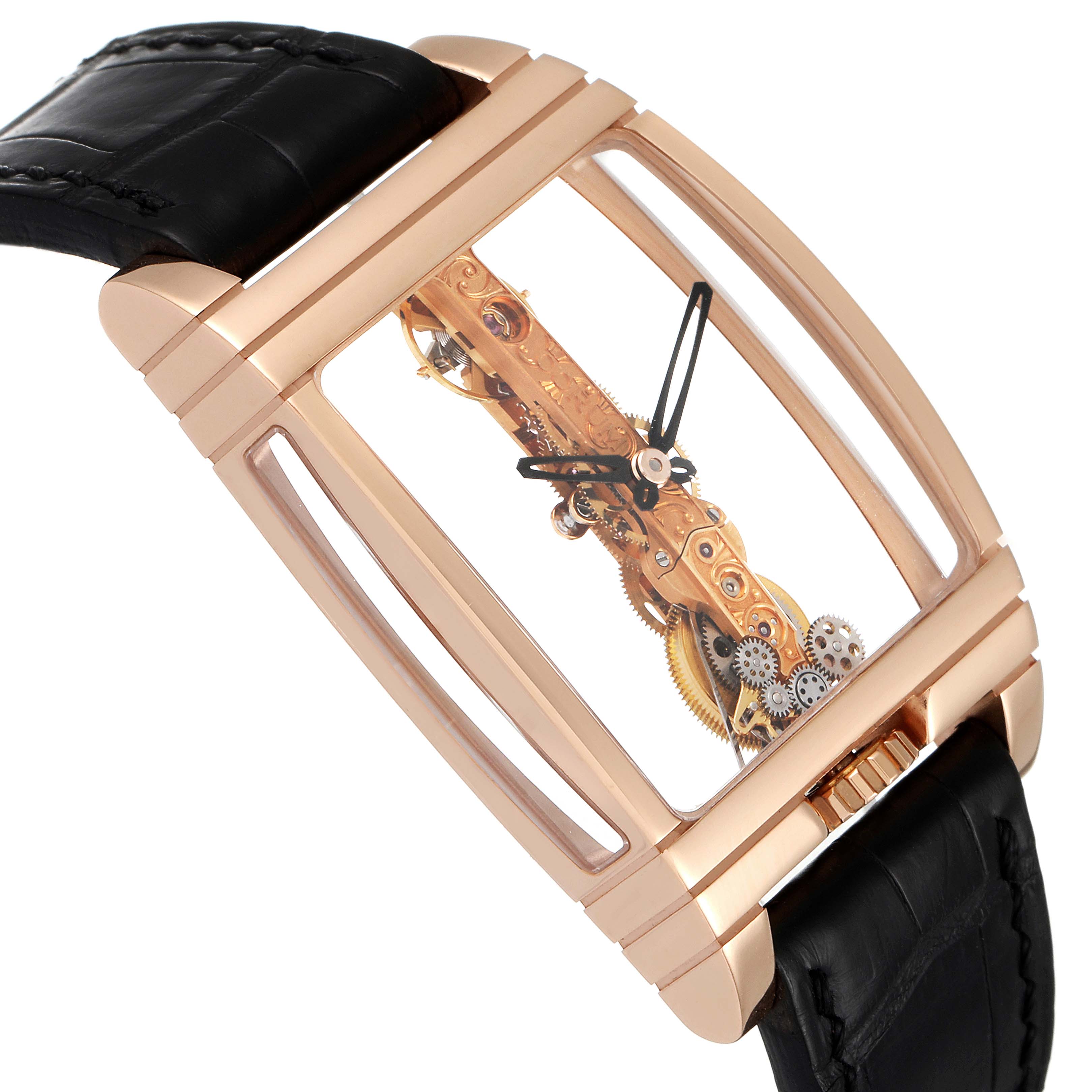 The image shows a top-angle view of a Corum Golden Bridge B113/01043 - 113.160.55/0002 0000 Men's Rose Gold Transparent Dial B113/01043 - 113.160.55/0002 0000 Men's Rose Gold Transparent Dial watch, highlighting the intricate internal mechanics and black leather strap.