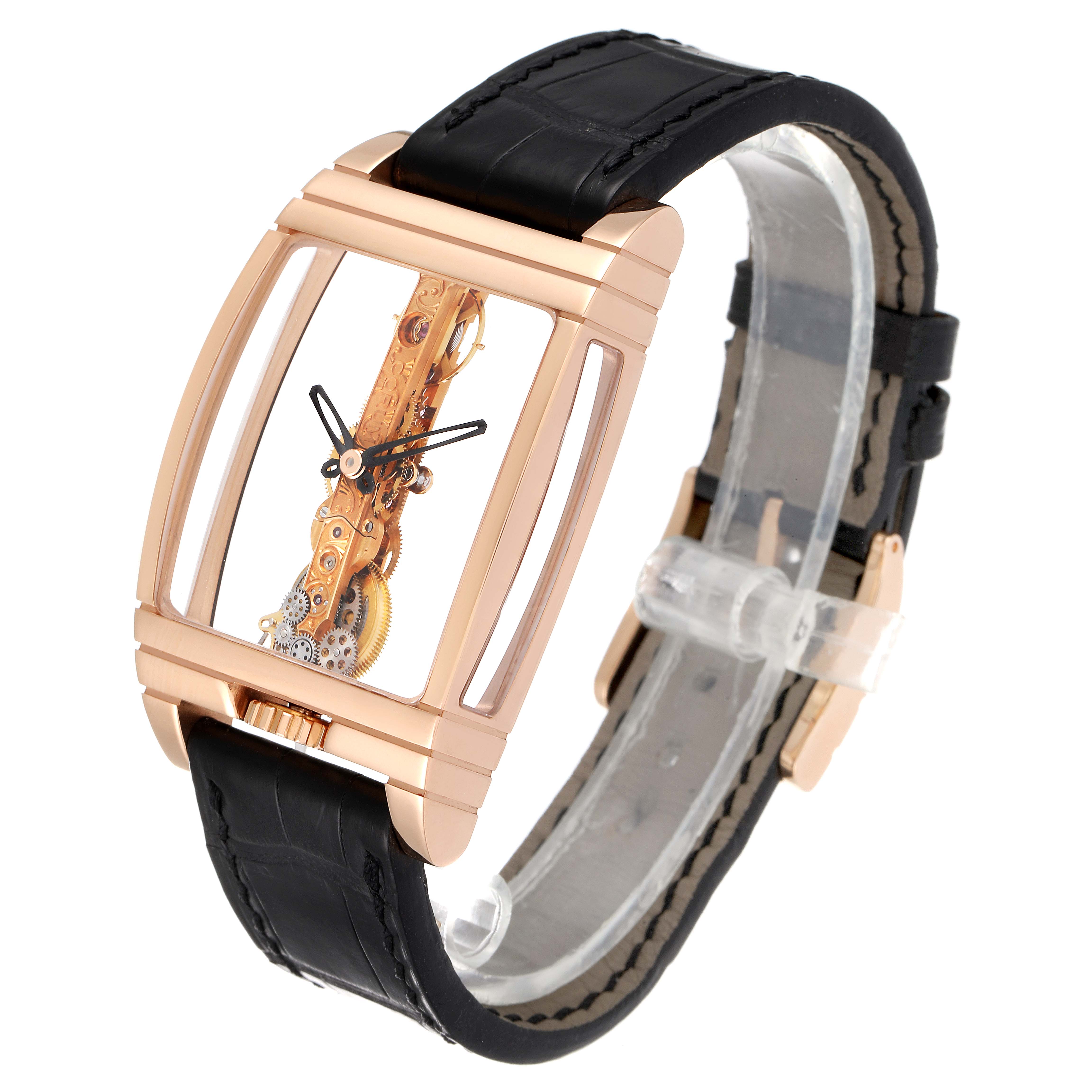 The image shows a side-angle view of a Corum Golden Bridge B113/01043 - 113.160.55/0002 0000 Men's Rose Gold Transparent Dial B113/01043 - 113.160.55/0002 0000 Men's Rose Gold Transparent Dial watch, highlighting its exposed intricate movement and black strap.