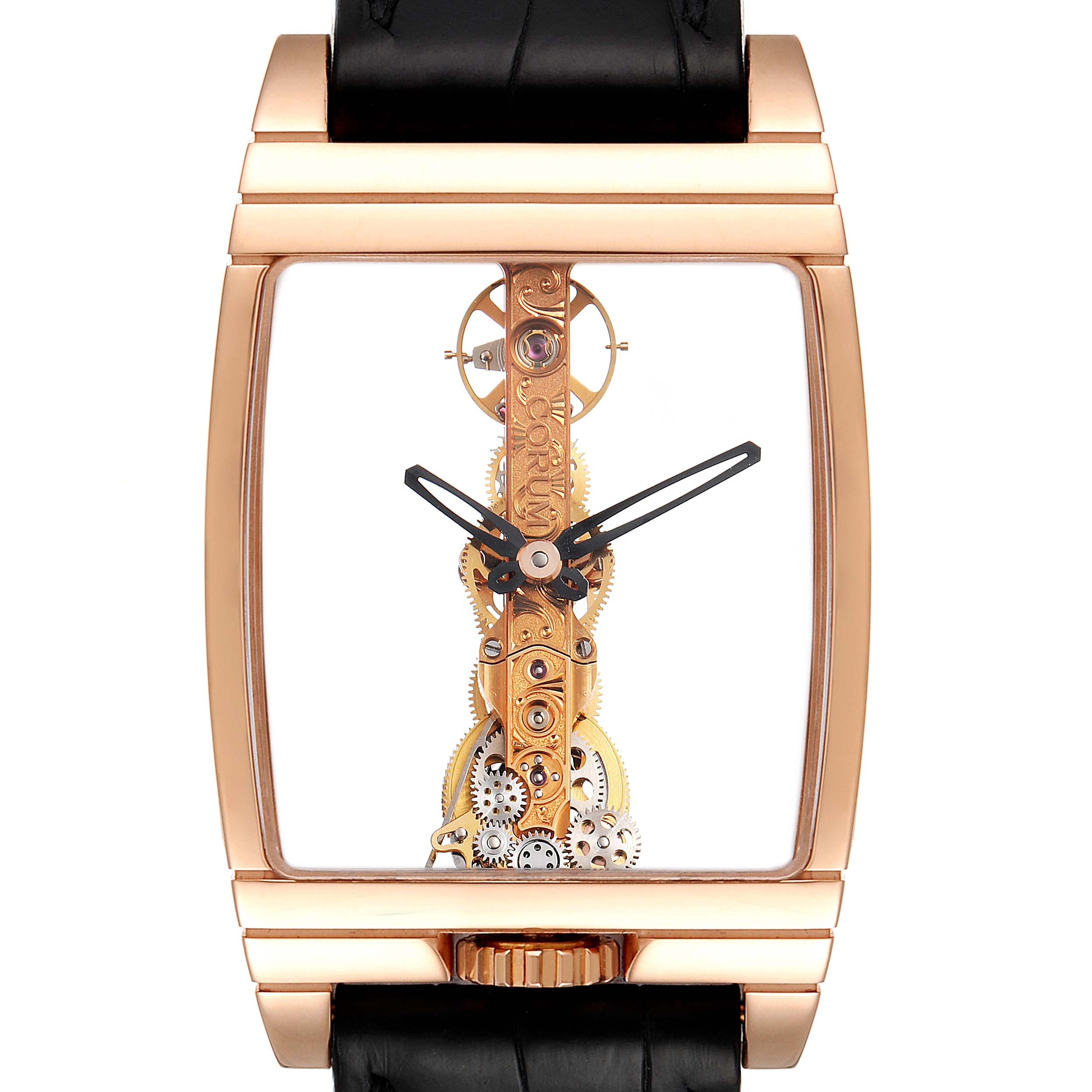 The image shows a front view of the Corum Golden Bridge B113/01043 - 113.160.55/0002 0000 Men's Rose Gold Transparent Dial B113/01043 - 113.160.55/0002 0000 Men's Rose Gold Transparent Dial model, highlighting its skeletonized dial and intricate internal gears.