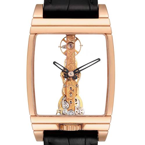 The Corum Golden Bridge B113/01043 - 113.160.55/0002 0000 Men's Rose Gold Transparent Dial watch is shown from the front, highlighting its intricate mechanism and rectangular case.