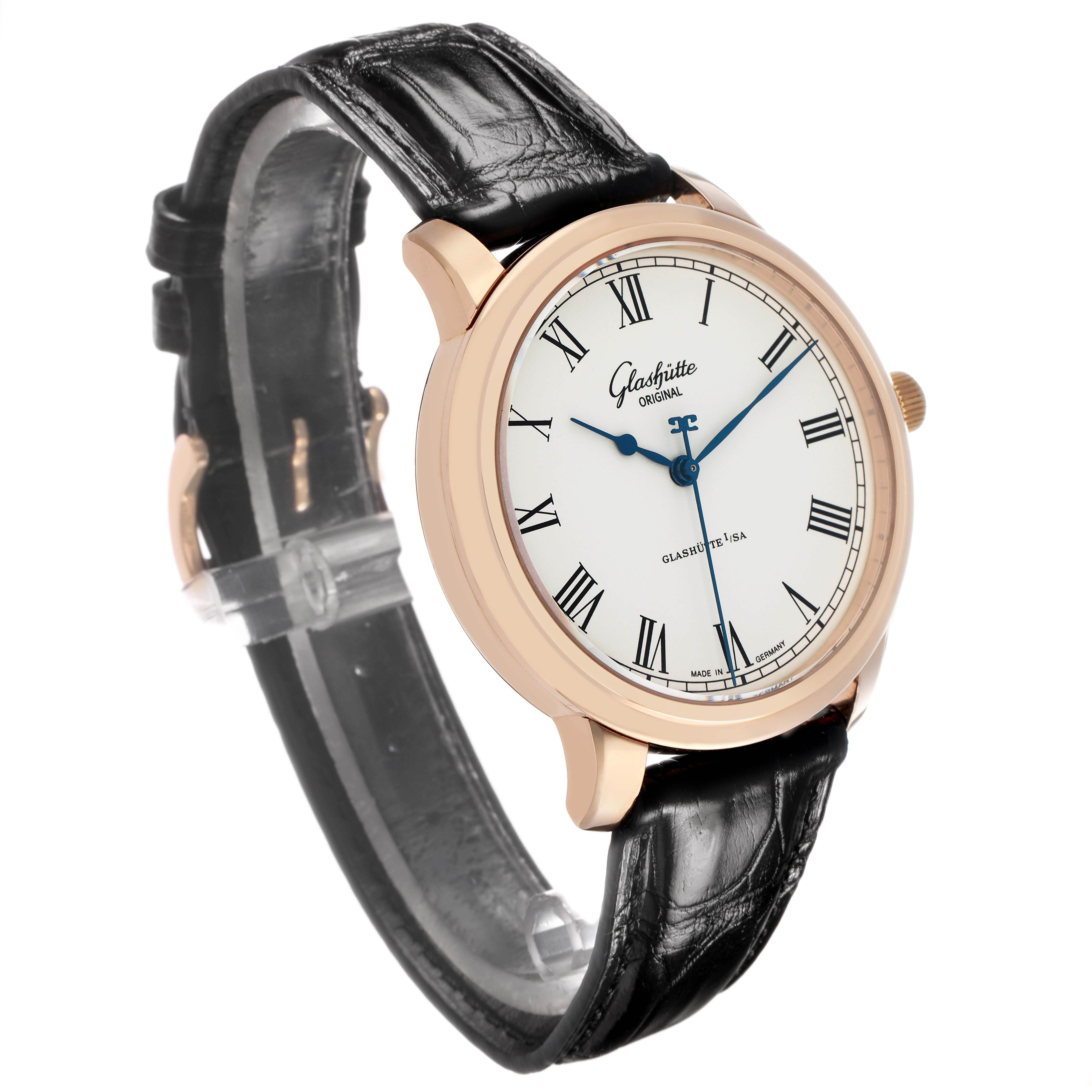 The image shows a Glashutte Senator 1-39-59-01-05-04 Men's Rose Gold Silver Dial watch at a side angle, displaying the face, leather strap, and crown.