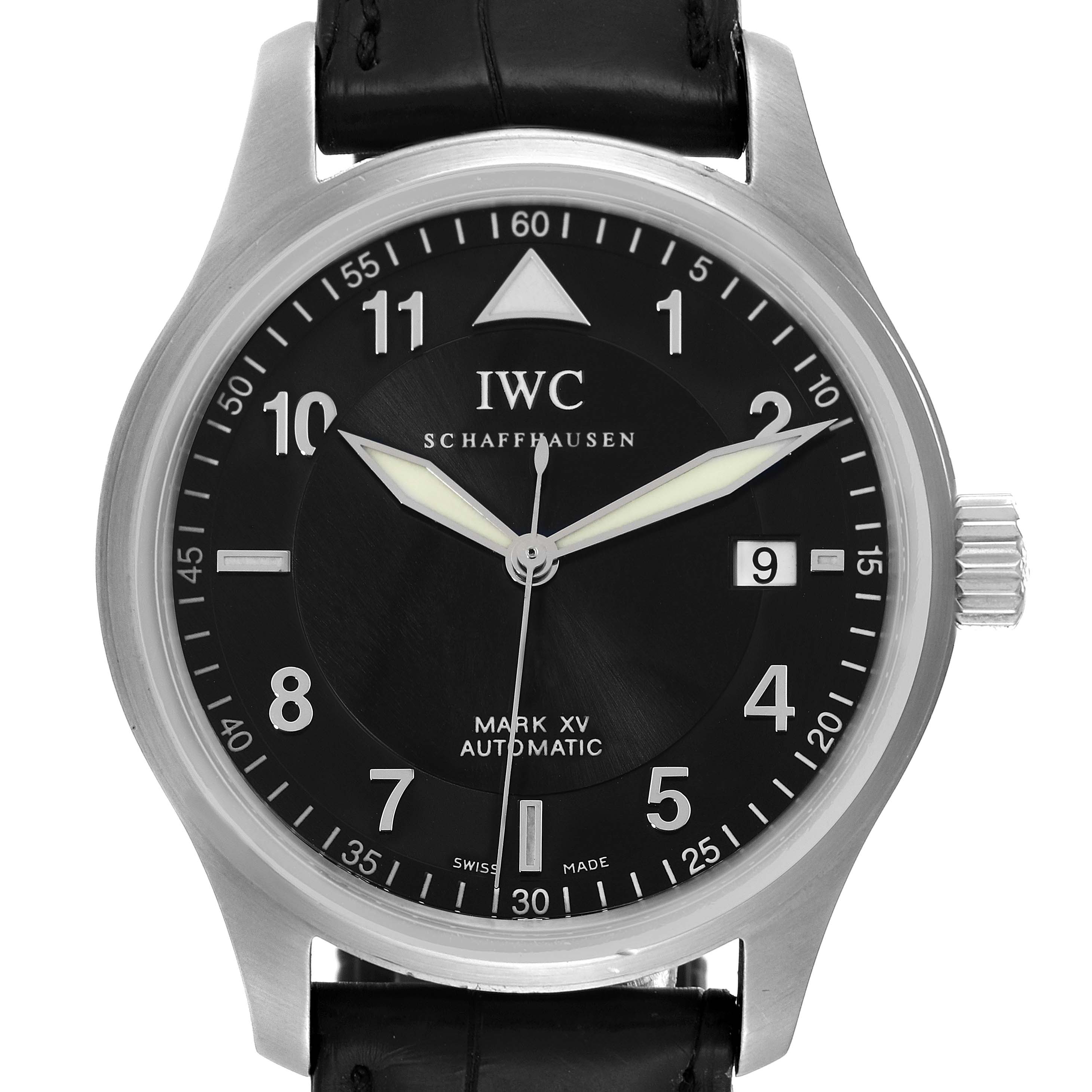 The image shows a front view of the IWC Pilot IW325311 Men's Stainless Steel Black Dial IW325311 Men's Stainless Steel Black Dial Mark XV Automatic watch, showcasing its black dial, hands, and crown.