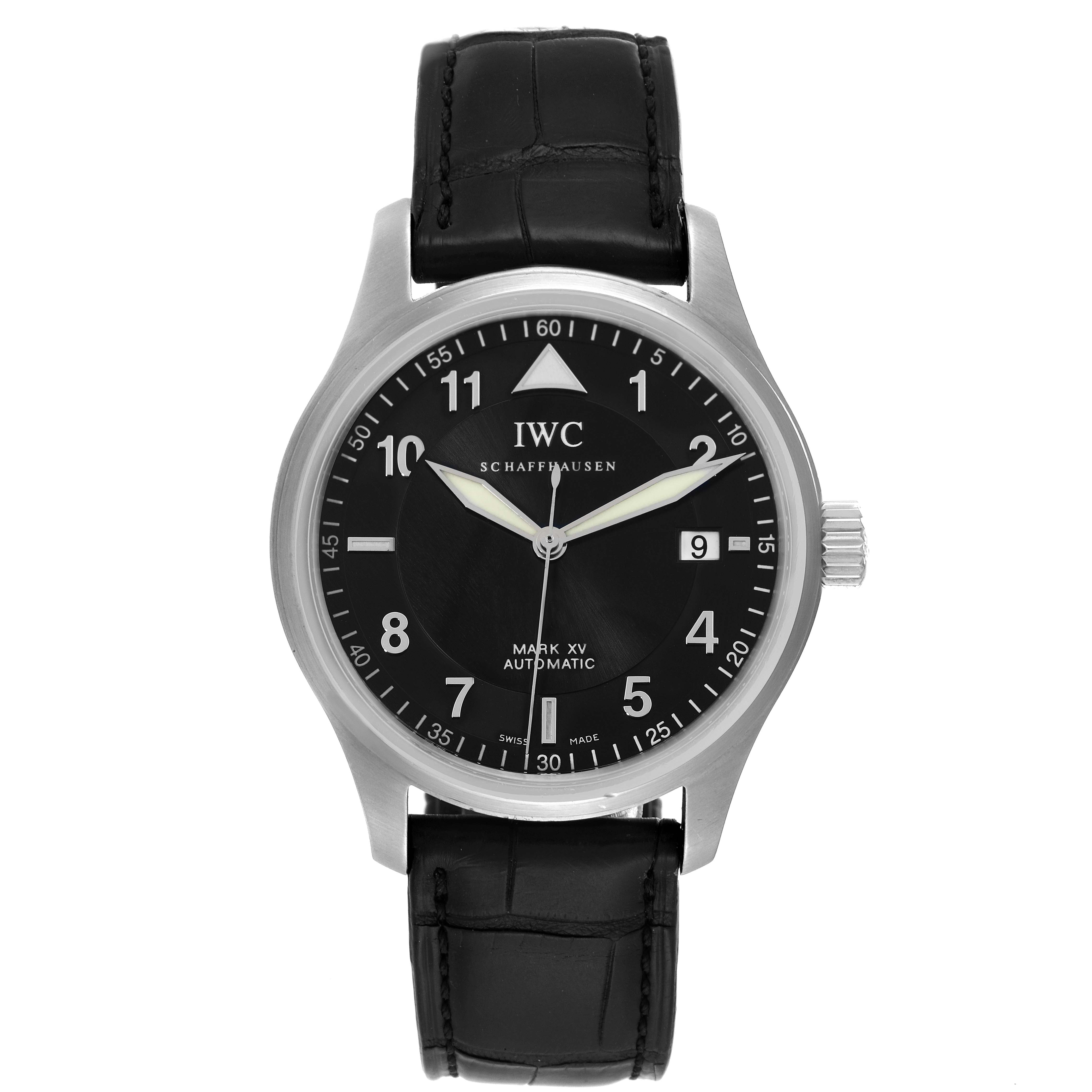 This image shows a frontal view of an IWC Pilot IW325311 Men's Stainless Steel Black Dial IW325311 Men's Stainless Steel Black Dial model watch, highlighting the face, case, crown, and leather strap.