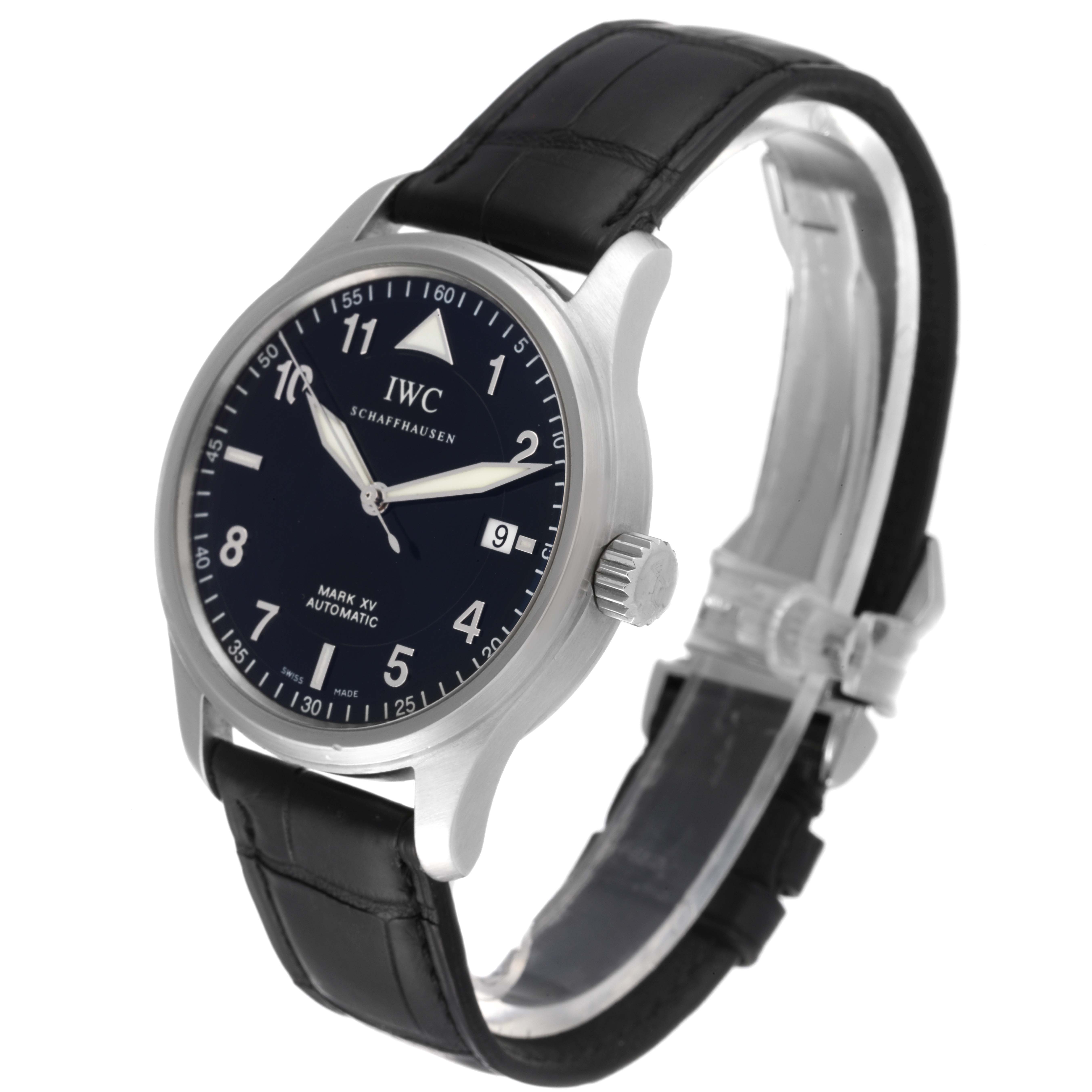 The IWC Pilot IW325311 Men's Stainless Steel Black Dial IW325311 Men's Stainless Steel Black Dial model watch is shown at a three-quarter angle, displaying the face, crown, bezel, and leather strap.