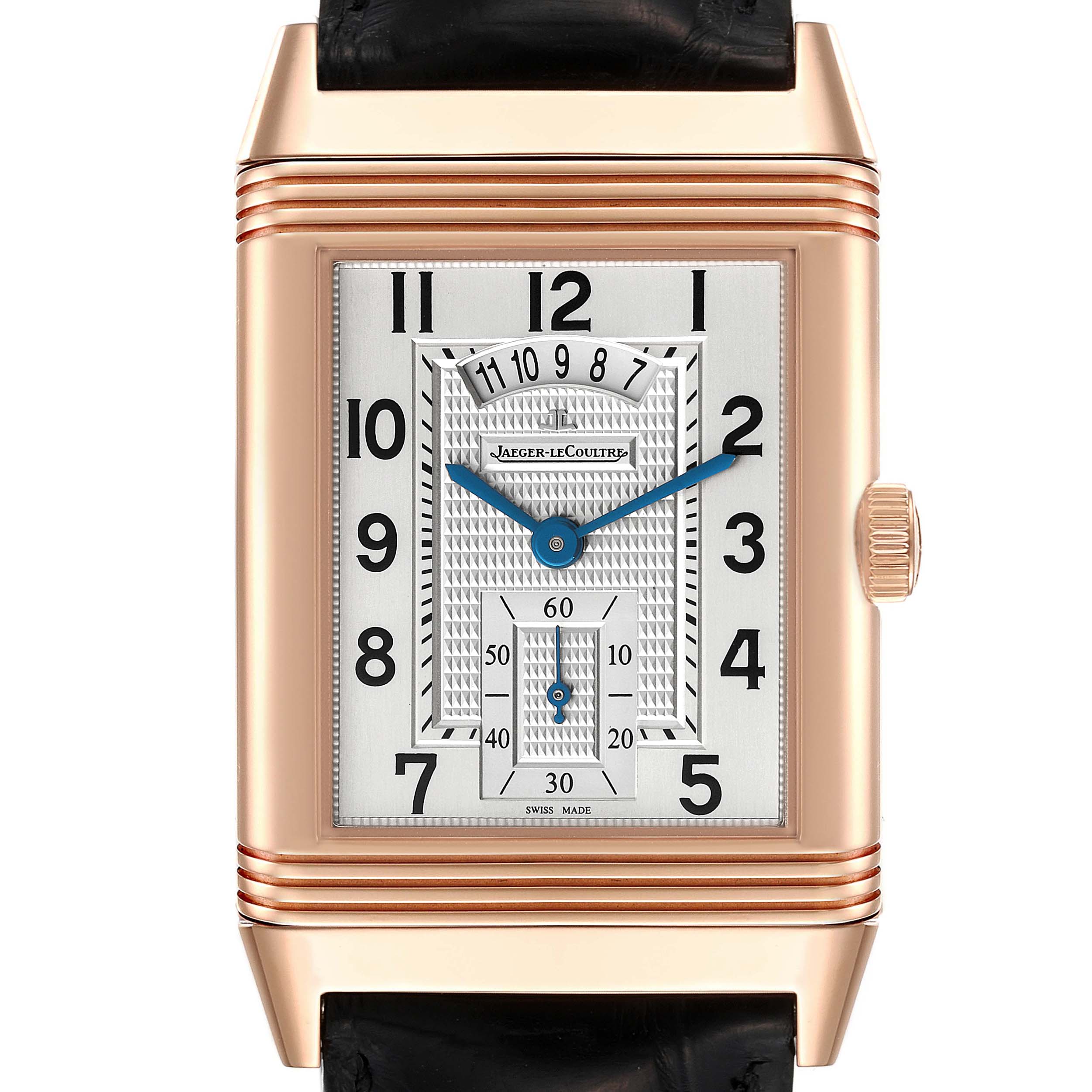 This image shows a front view of the Jaeger LeCoultre Reverso Q3742521 Men's Rose Gold Silver Dial Q3742521 Men's Rose Gold Silver Dial watch, highlighting its rectangular dial and elegant design.