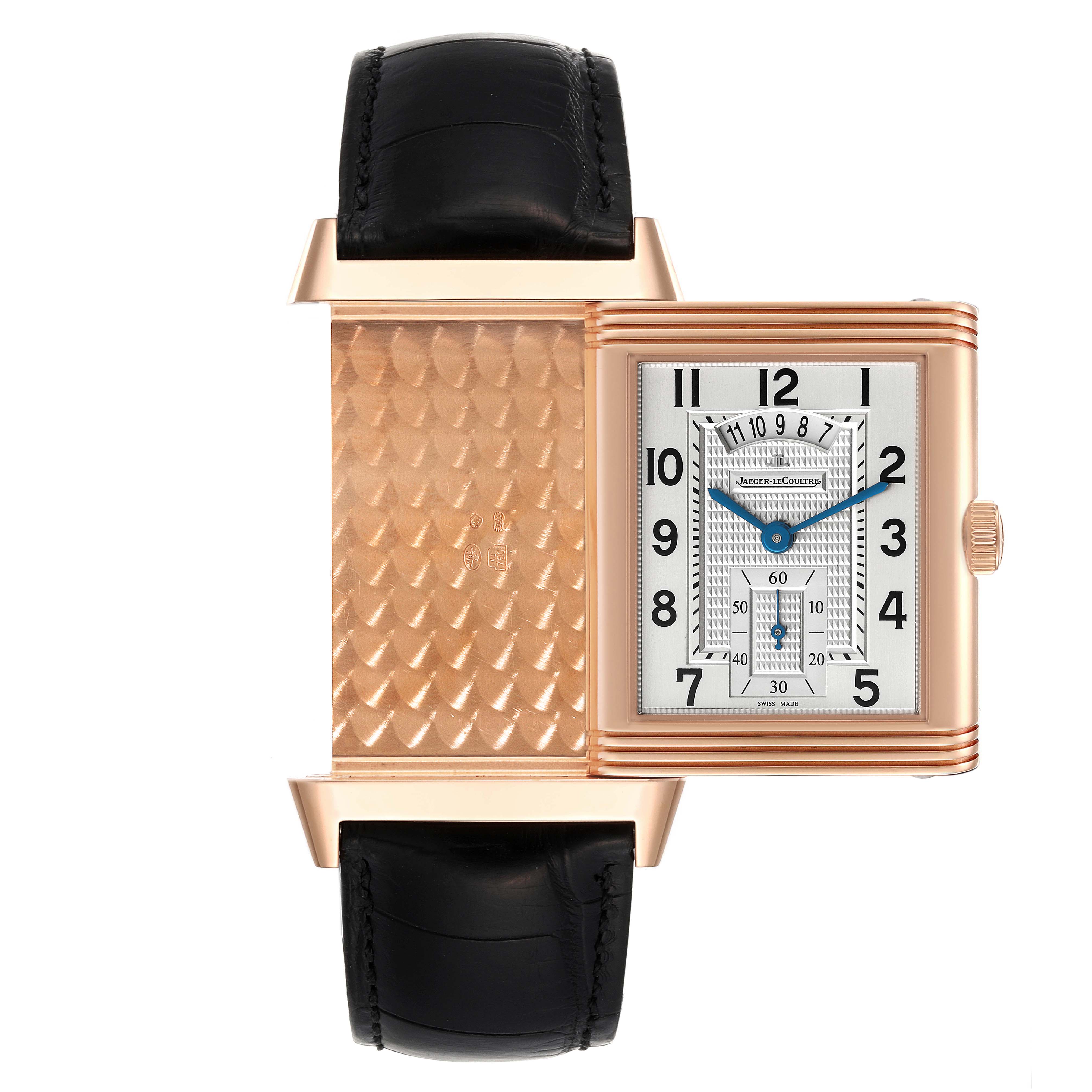 The image shows the front and back parts of the Jaeger-LeCoultre Reverso watch, highlighting its reversible case and dial.