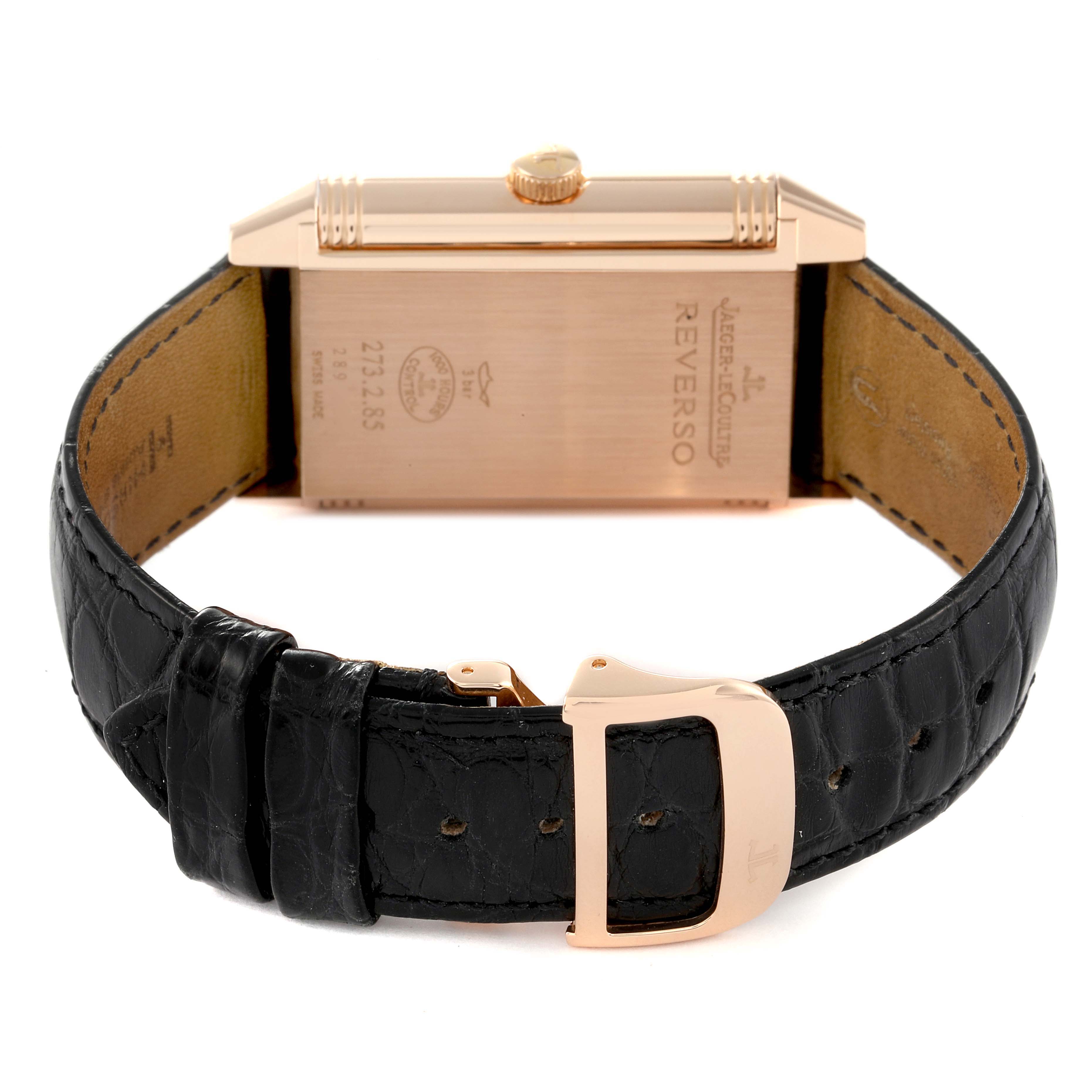 The image shows the back case and strap of a Jaeger LeCoultre Reverso Q3742521 Men's Rose Gold Silver Dial Q3742521 Men's Rose Gold Silver Dial watch with a black leather strap and gold buckle.