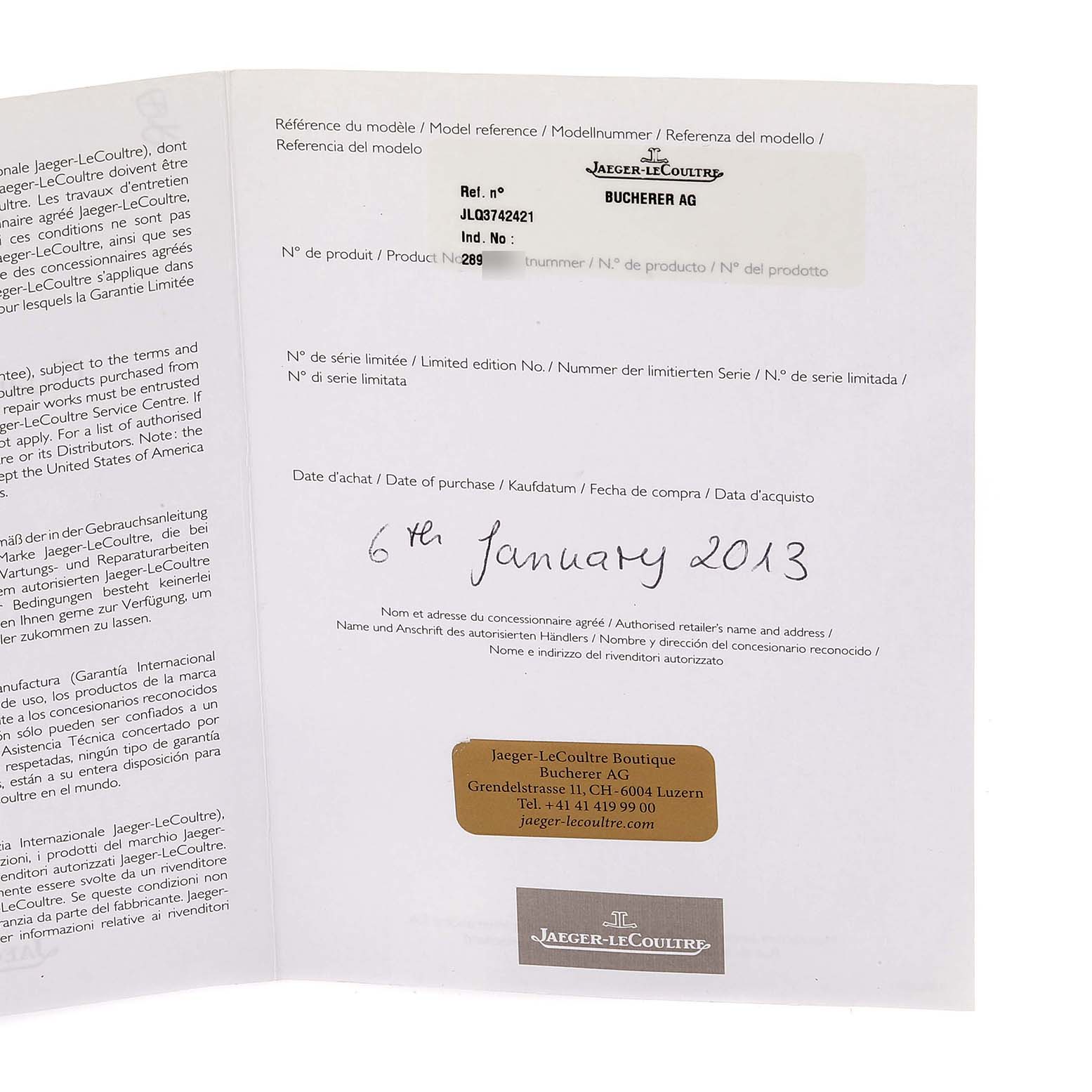 The image shows an open booklet with purchase details for a Jaeger-LeCoultre Reverso model watch, including the date of purchase.