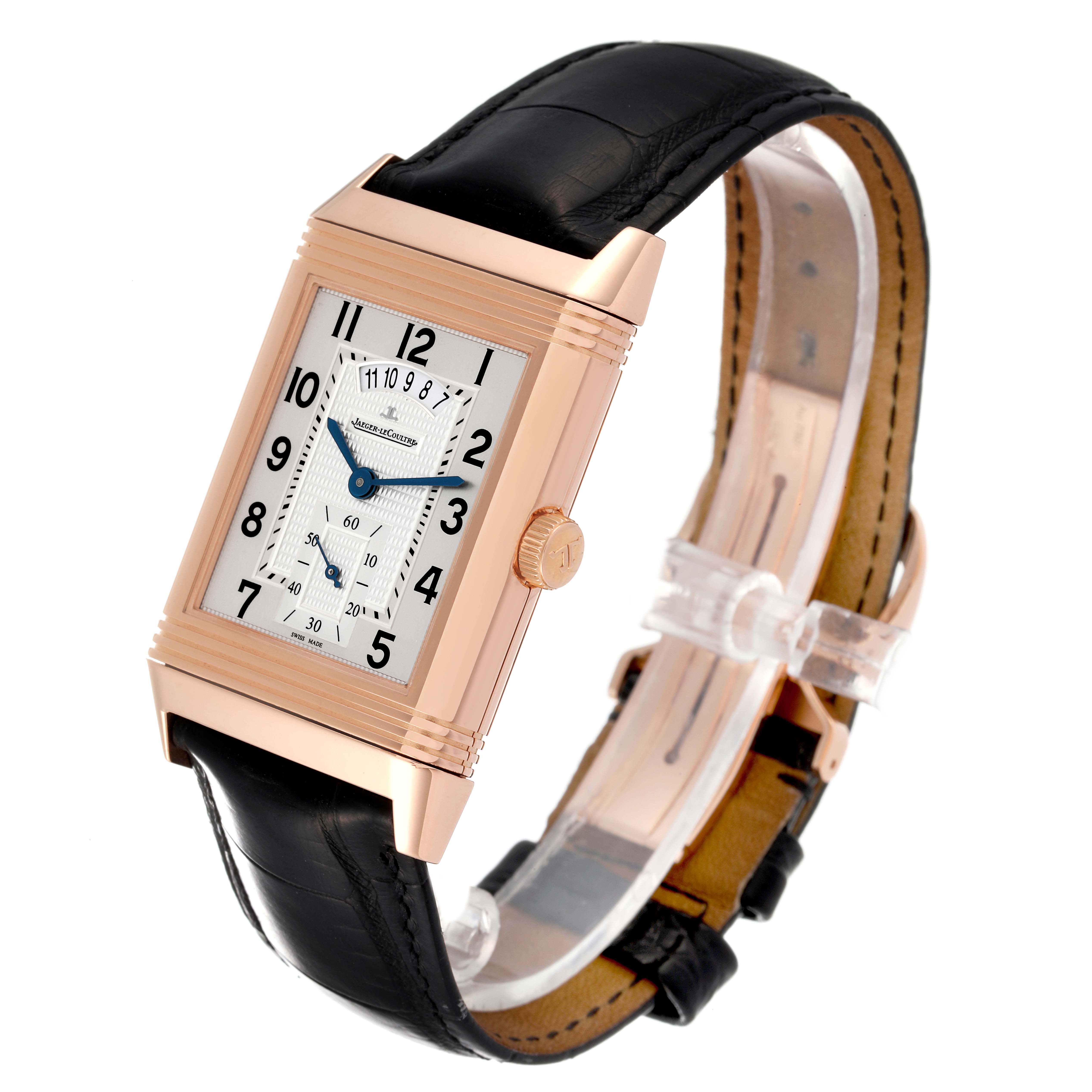 The Reverso model by Jaeger LeCoultre is shown at an angled front view, displaying the face, case, crown, and leather strap.