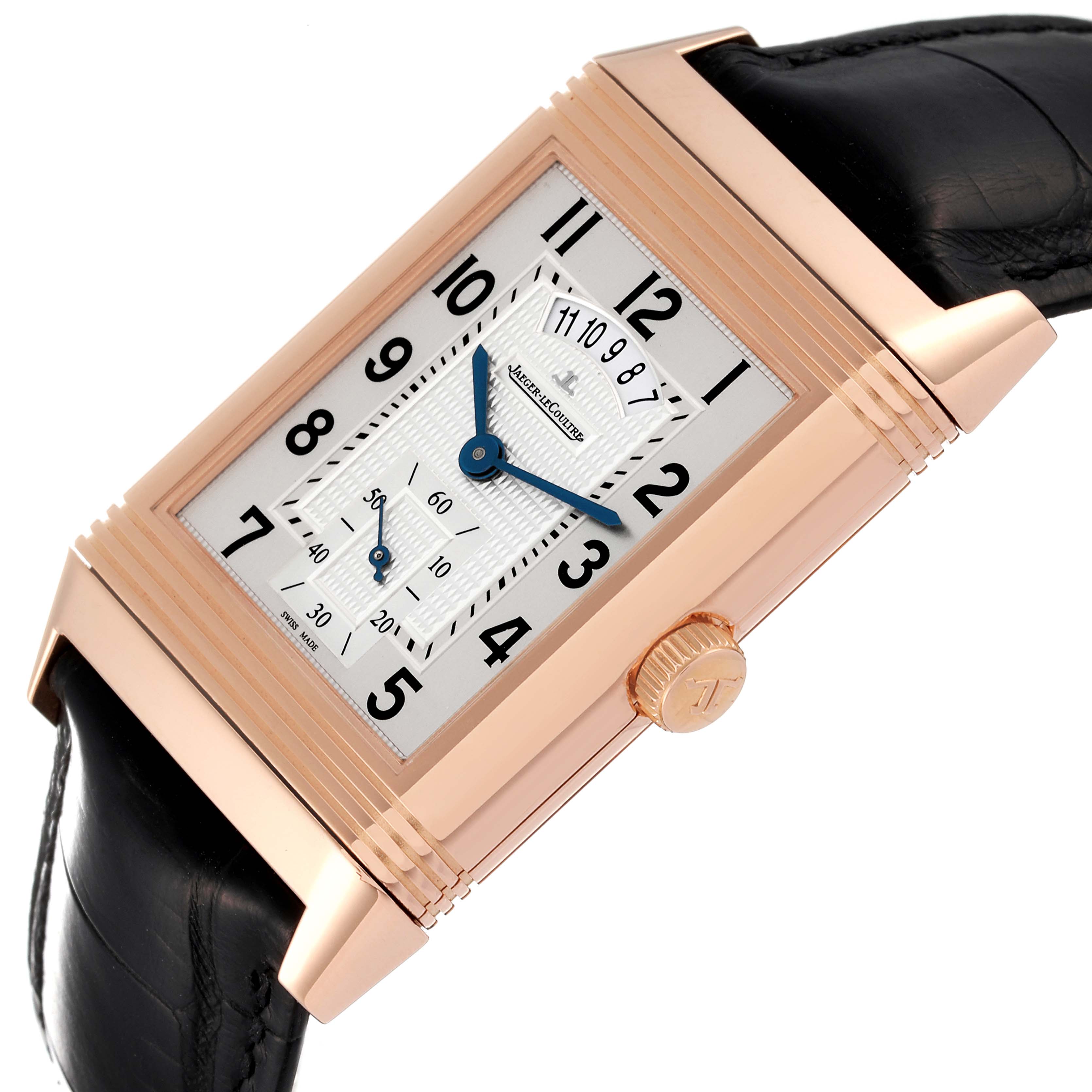 The Reverso model by Jaeger LeCoultre is shown at an angled front view, highlighting its rectangular face, numerals, and crown.