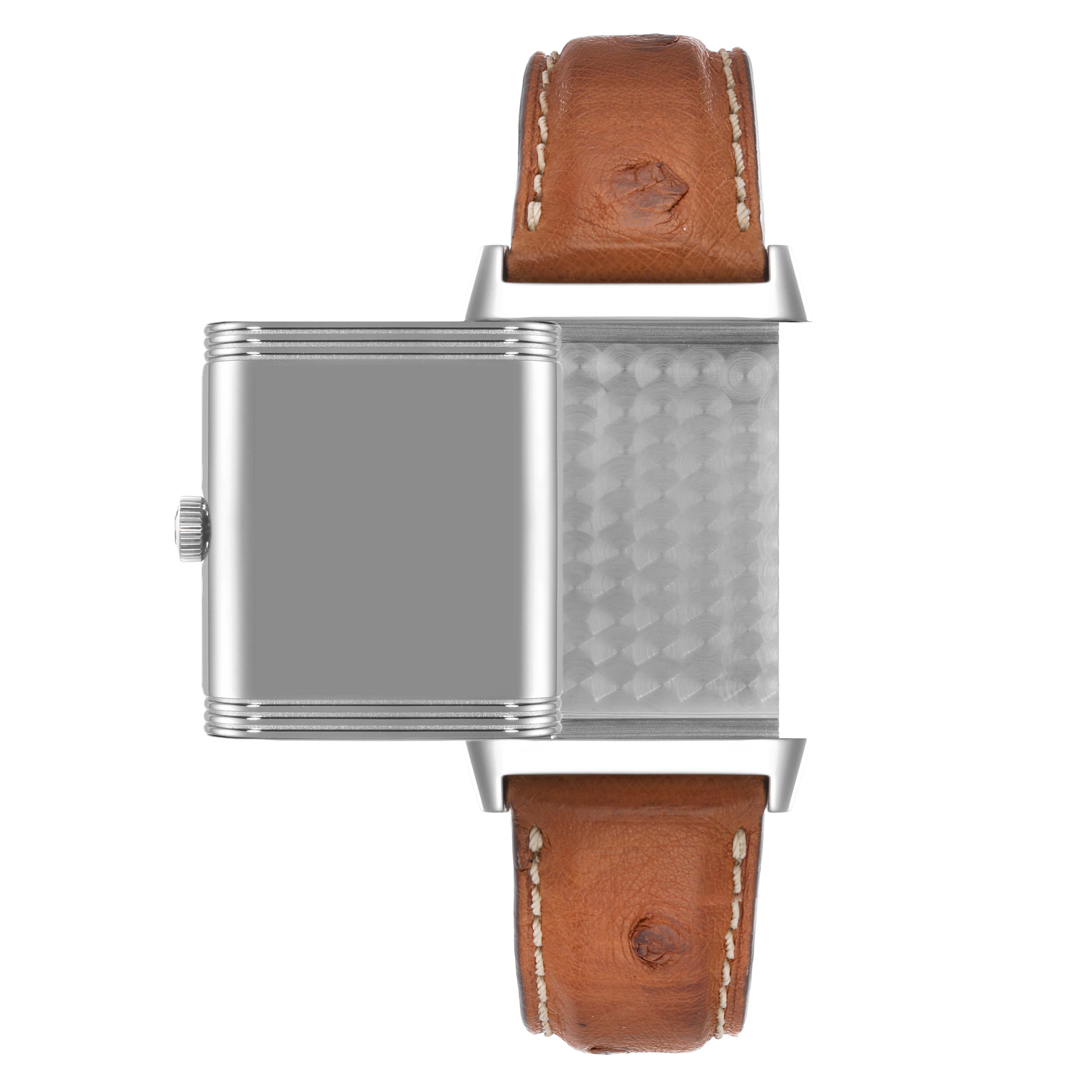 This image shows a side view of the Jaeger-LeCoultre Reverso watch, highlighting its case and leather straps.