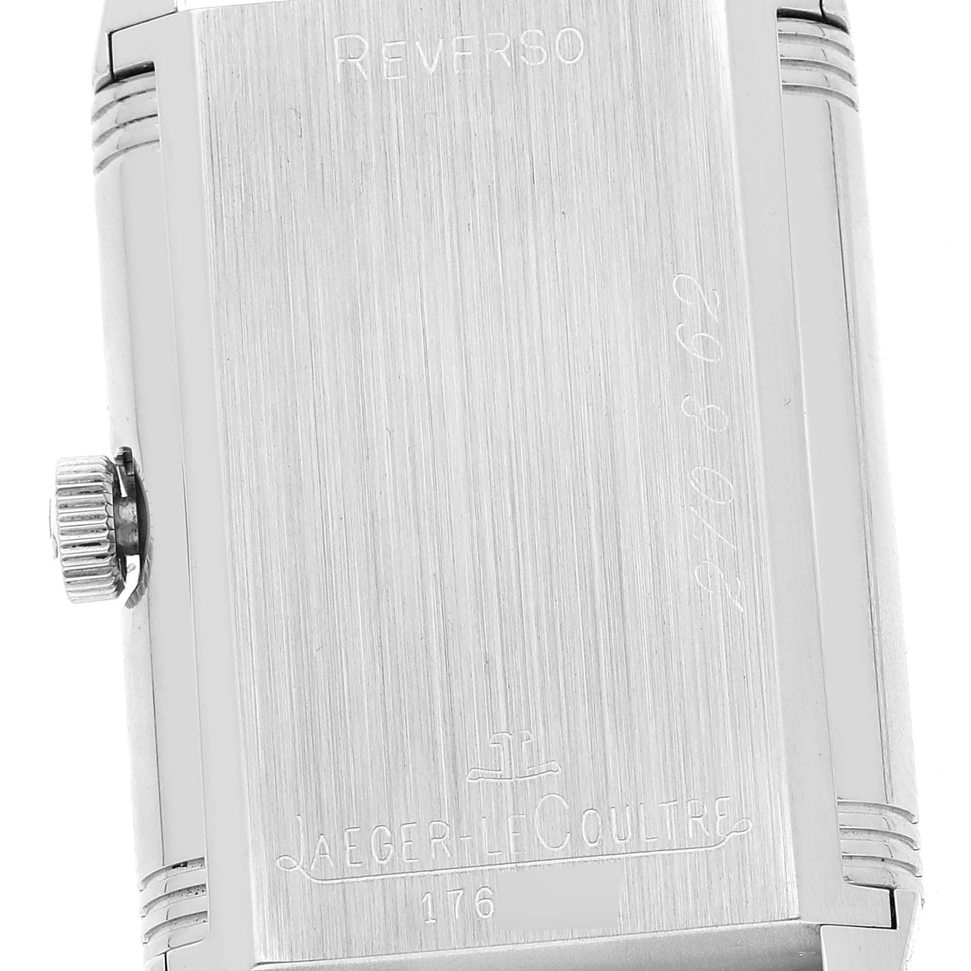 This image shows the back of a Jaeger LeCoultre Reverso Q2708410 Men's Stainless Steel Silver Dial Q2708410 Men's Stainless Steel Silver Dial watch with the word "Reverso" and brand logo engraved.