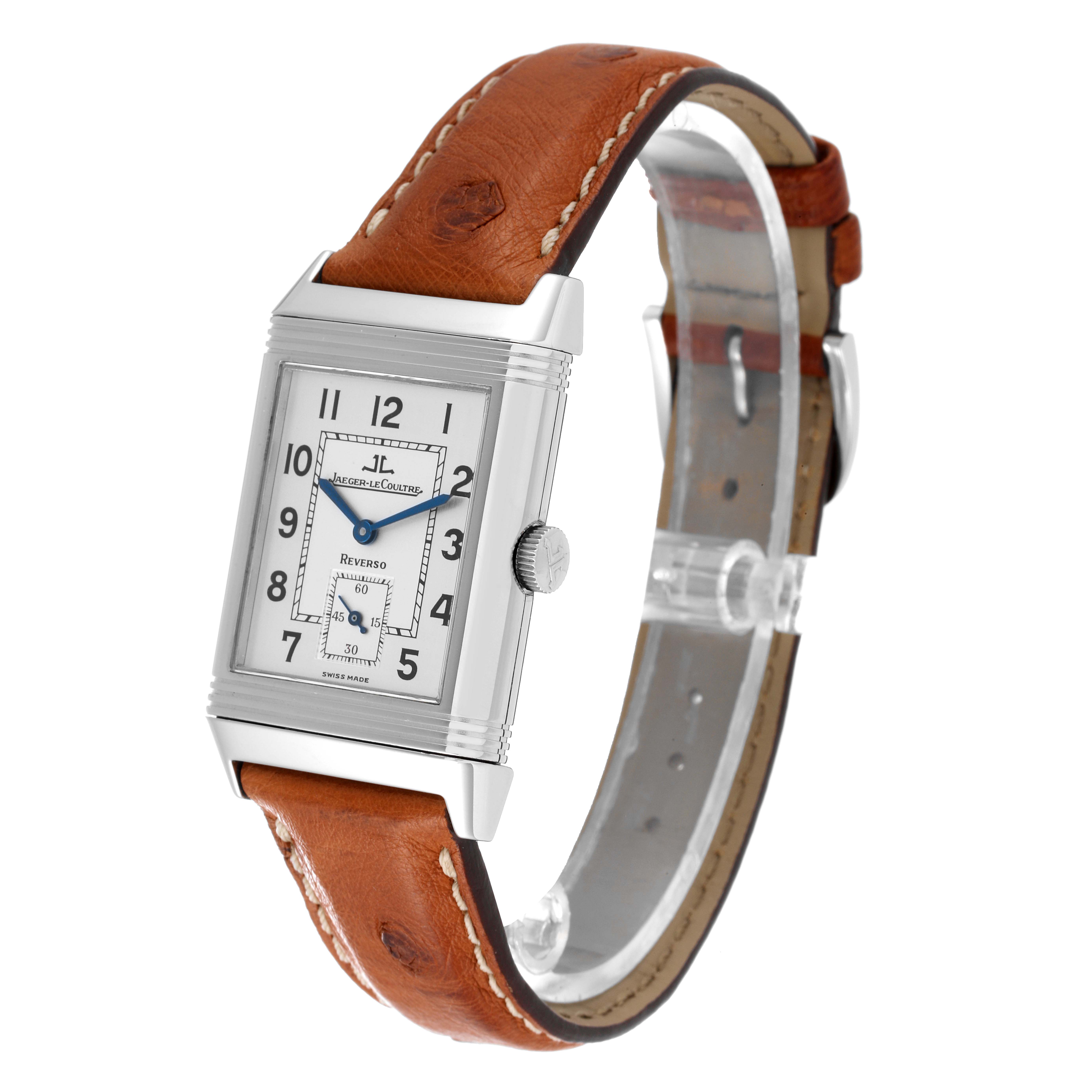 This image shows a front three-quarter angle of a Jaeger-LeCoultre Reverso watch, highlighting its face, crown, and leather strap.