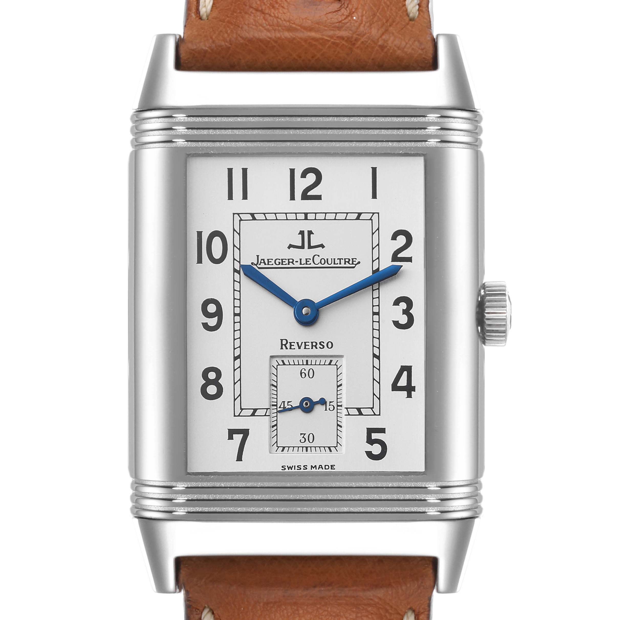 This image shows a front view of the Jaeger LeCoultre Reverso Q2708410 Men's Stainless Steel Silver Dial Q2708410 Men's Stainless Steel Silver Dial watch, featuring its rectangular dial, blue hands, and brown leather strap.