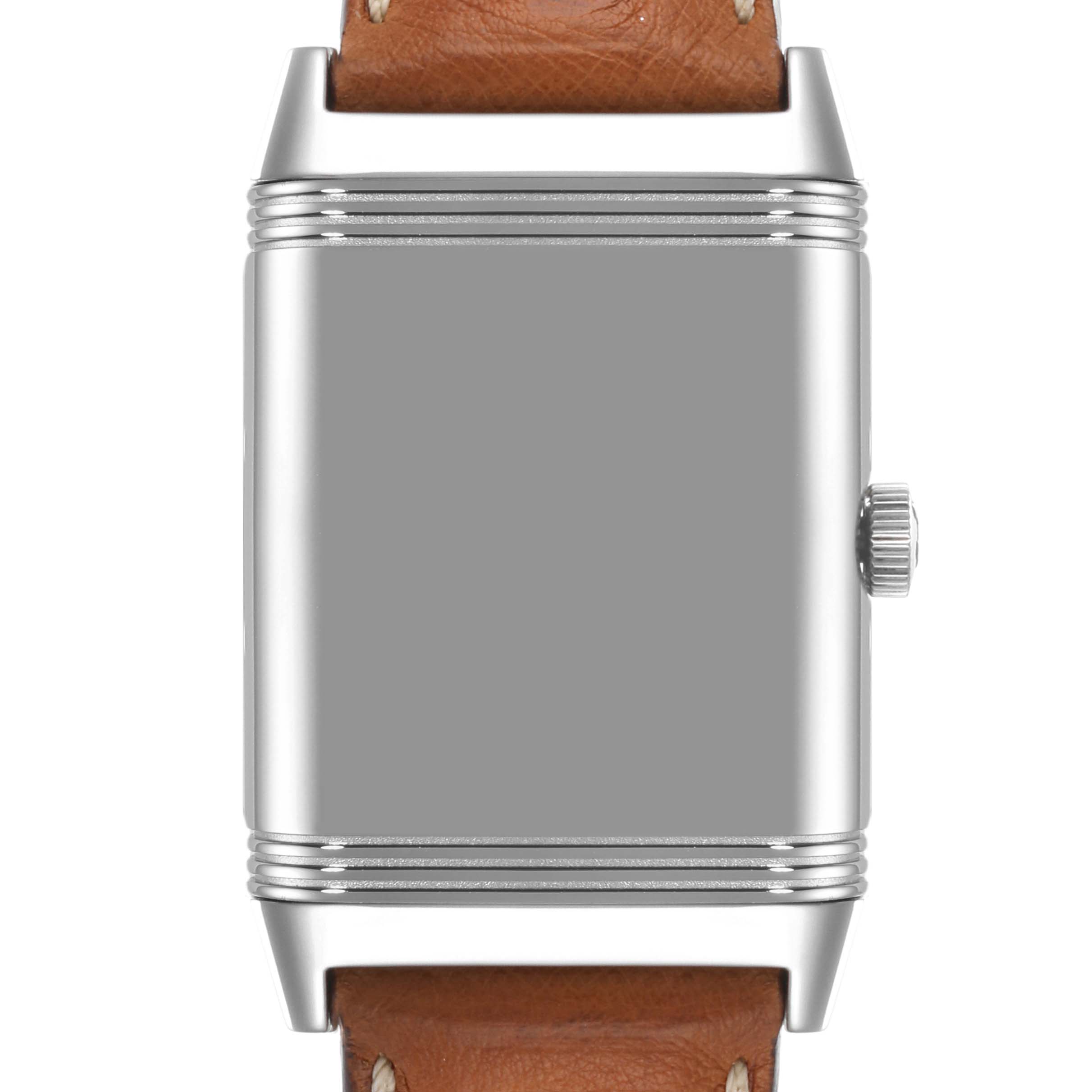 The image shows a front view of a Jaeger-LeCoultre Reverso watch with a brown leather strap and visible crown.