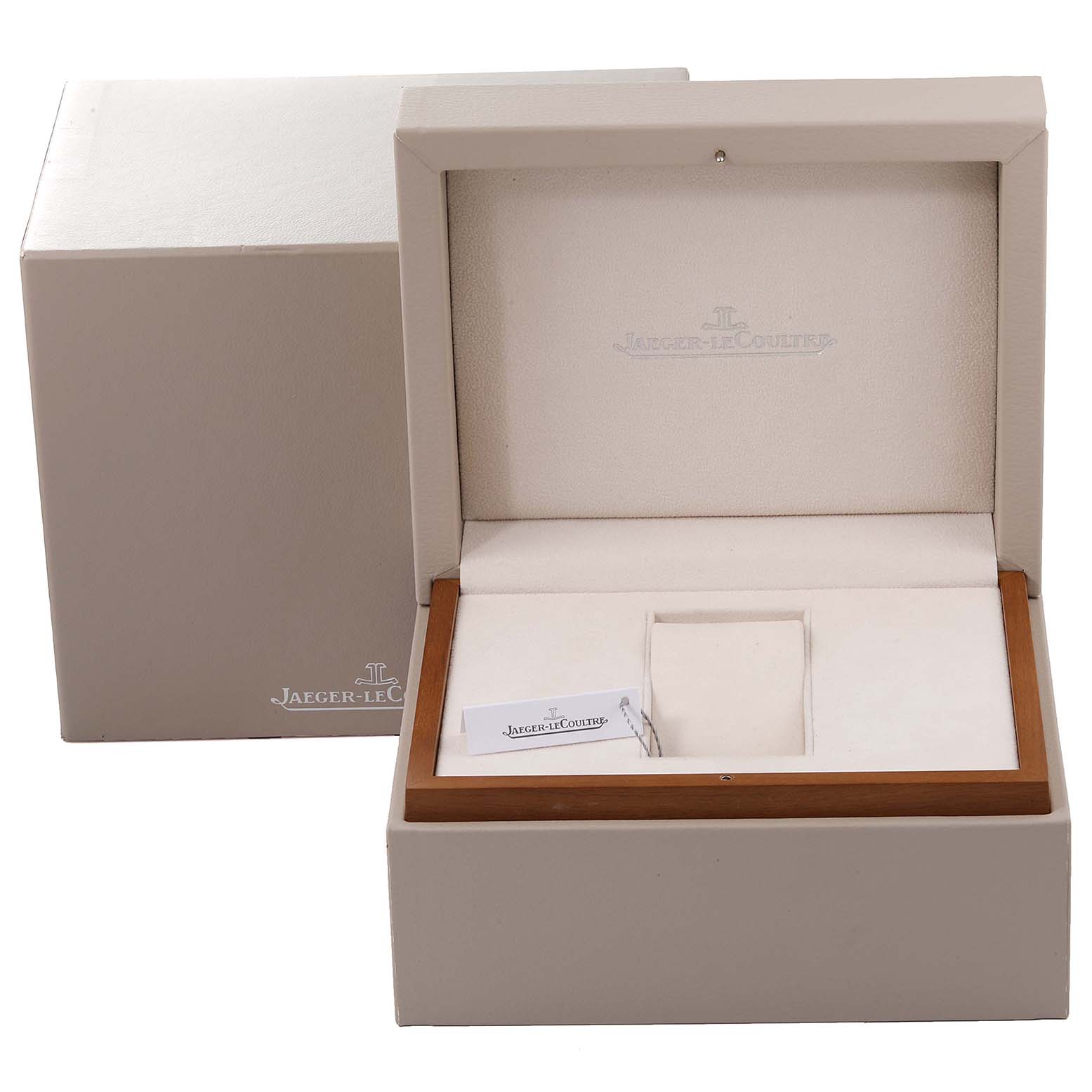 The image shows an open Jaeger LeCoultre Reverso Q2708410 Men's Stainless Steel Silver Dial Q2708410 Men's Stainless Steel Silver Dial watch box with the brand logo inside and outside.