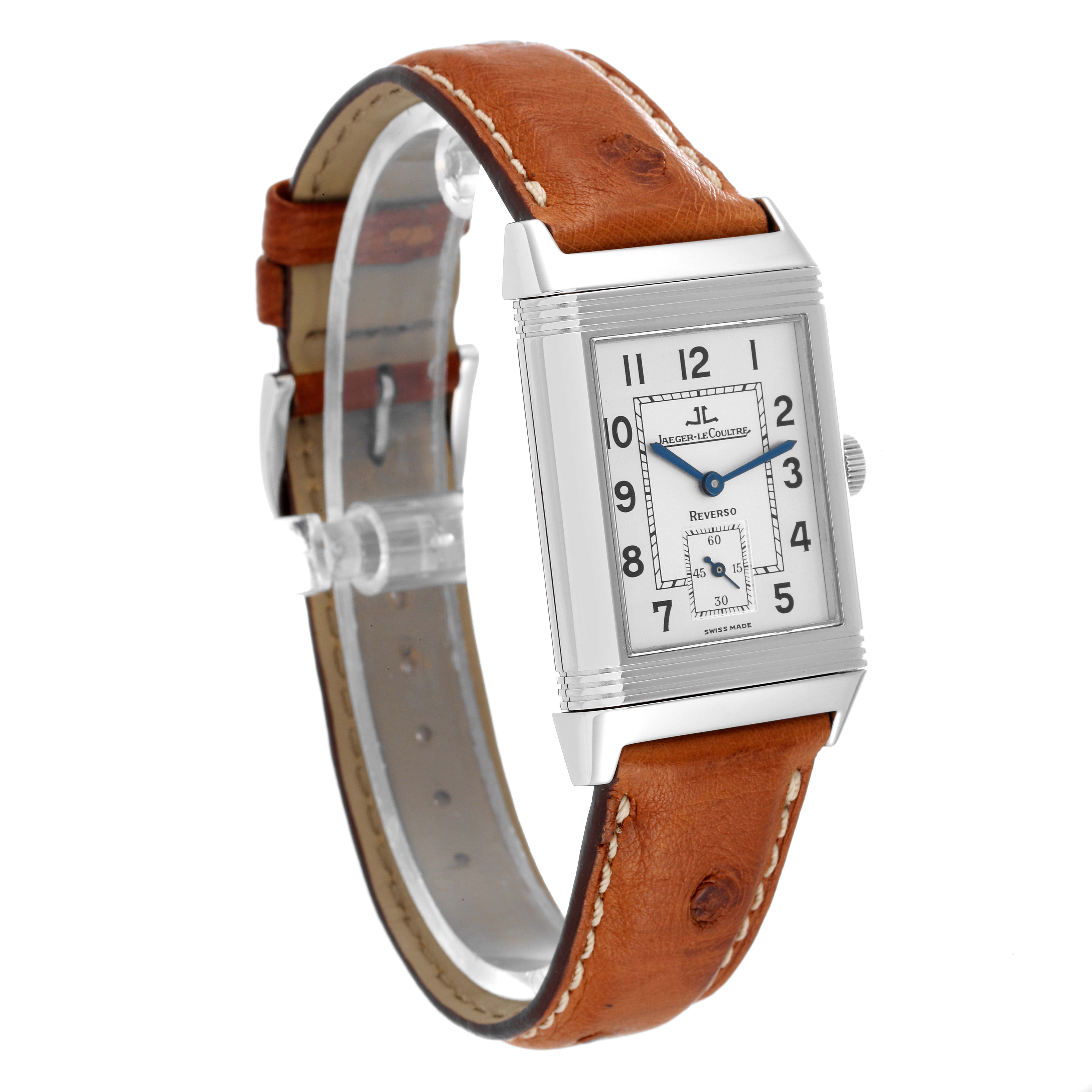 This image showcases the watch face, crown, and band of a Jaeger-LeCoultre Reverso model from an angled front view.