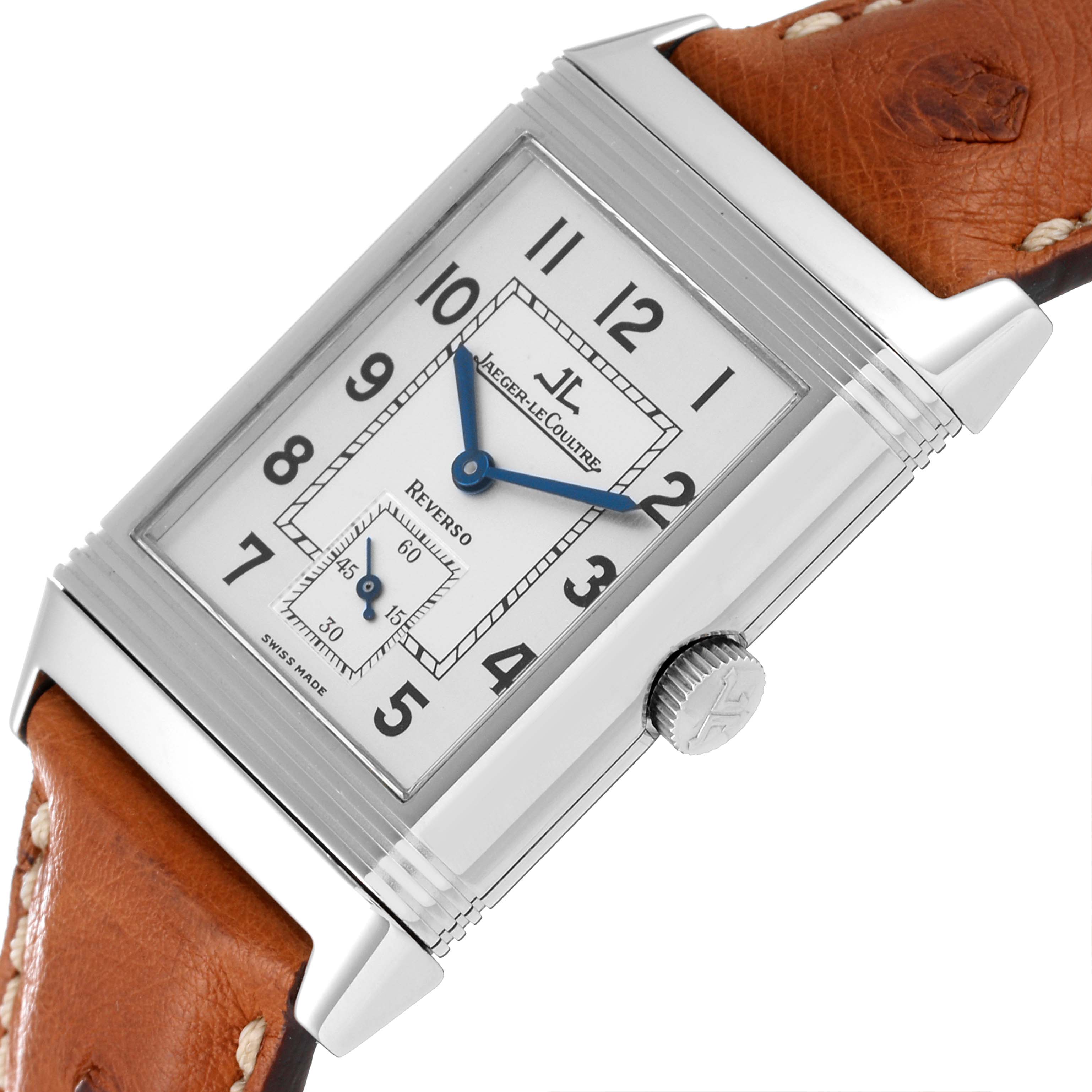 This image shows a Jaeger LeCoultre Reverso Q2708410 Men's Stainless Steel Silver Dial Q2708410 Men's Stainless Steel Silver Dial watch, angled to display the face, crown, and leather strap.