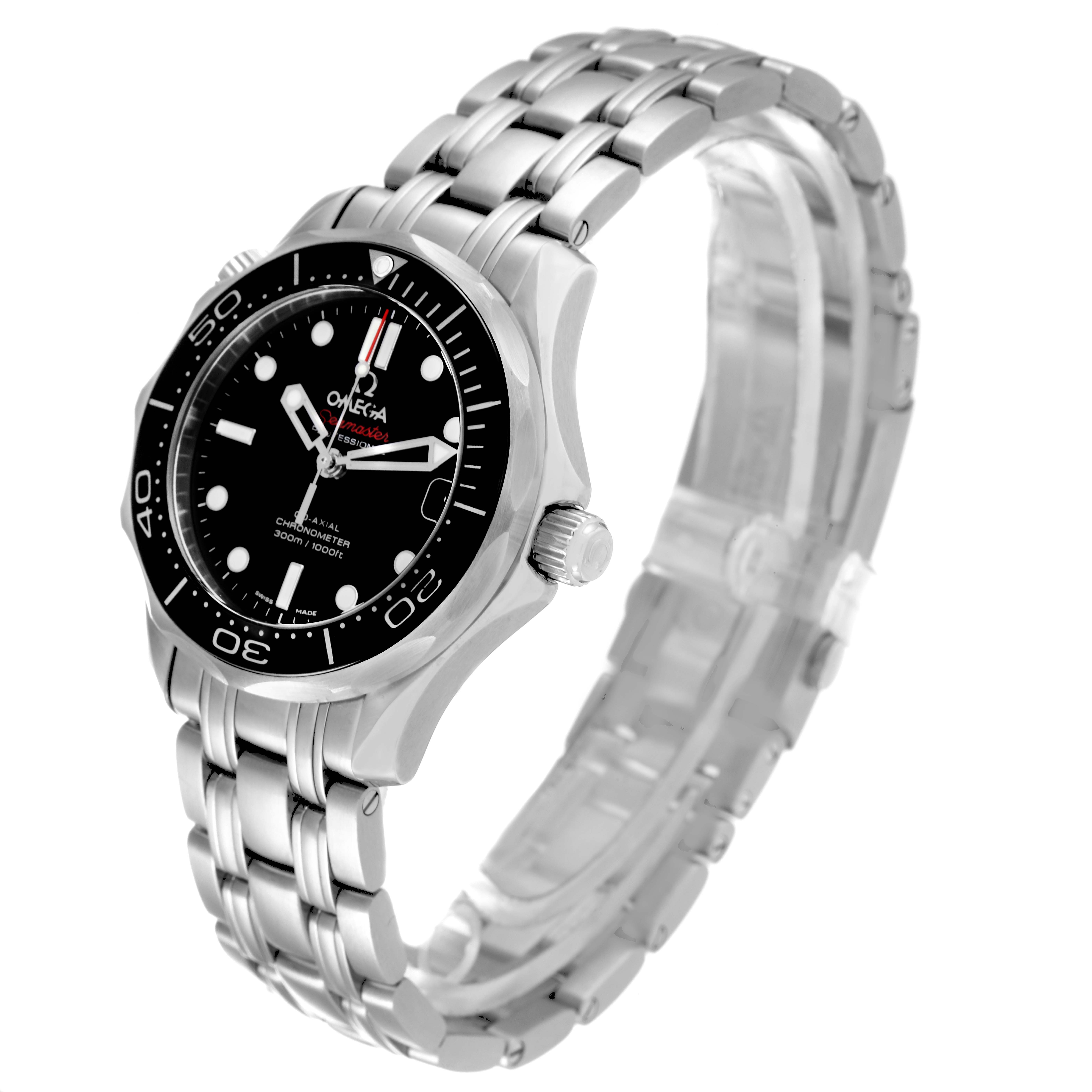 This image shows an Omega Seamaster 212.30.36.20.01.002 Men's Stainless Steel Black Dial 212.30.36.20.01.002 Men's Stainless Steel Black Dial watch from a side angle, highlighting its dial, bezel, crown, and bracelet.