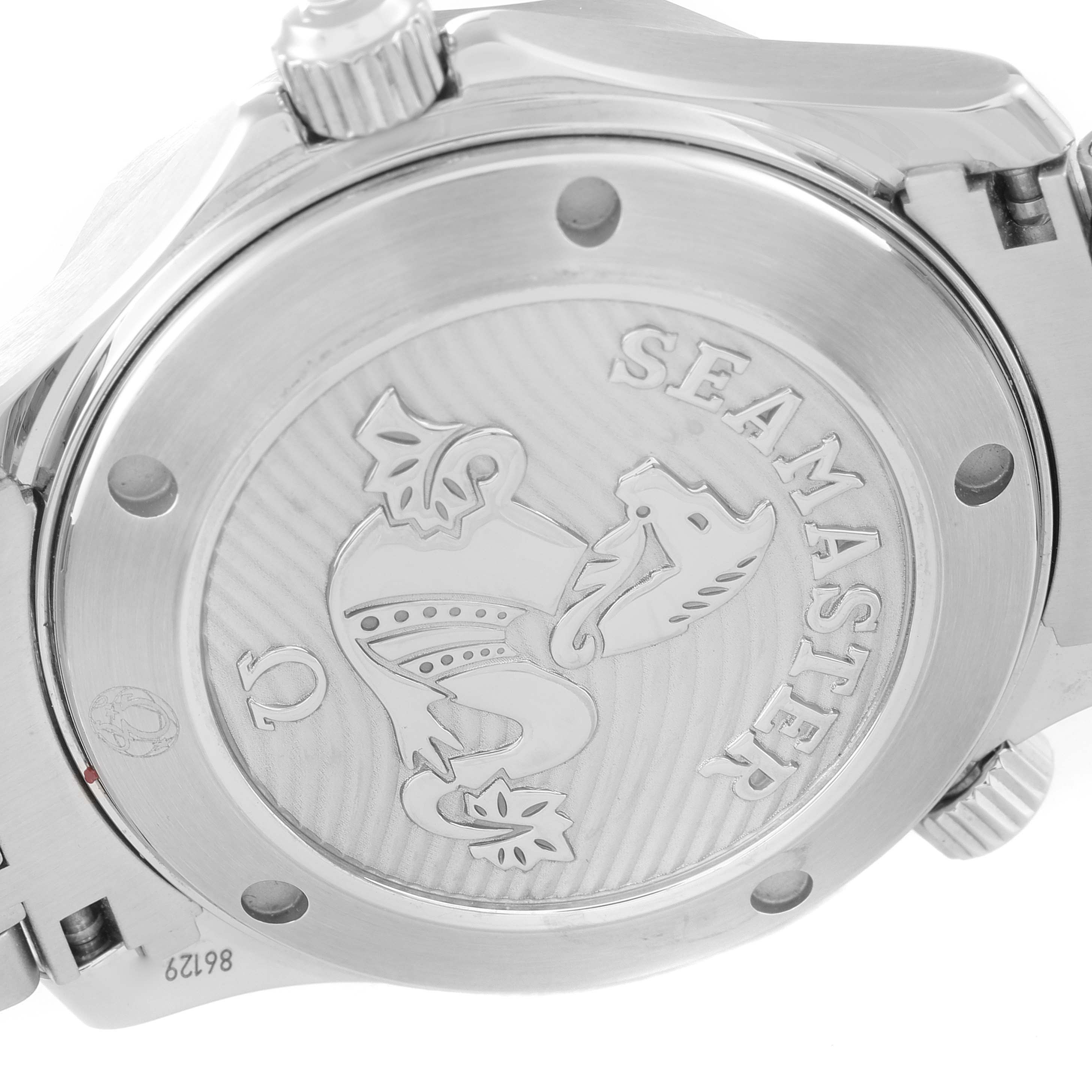 This image shows the case back of the Omega Seamaster 212.30.36.20.01.002 Men's Stainless Steel Black Dial 212.30.36.20.01.002 Men's Stainless Steel Black Dial watch, highlighting the engraved logo and model name.