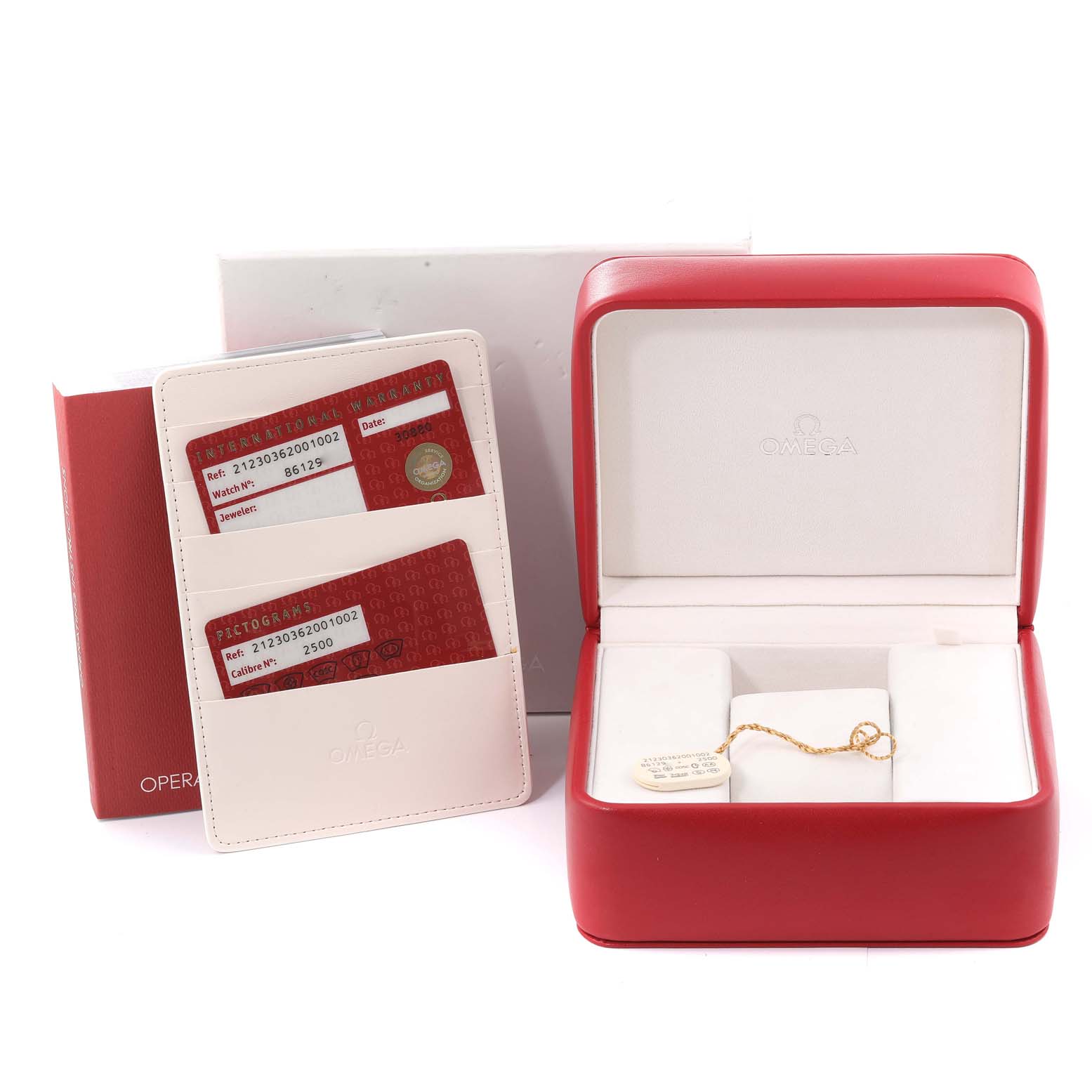 The image shows the Omega Seamaster 212.30.36.20.01.002 Men's Stainless Steel Black Dial 212.30.36.20.01.002 Men's Stainless Steel Black Dial packaging with an open box, warranty cardholder, and tags, but no watch visible.