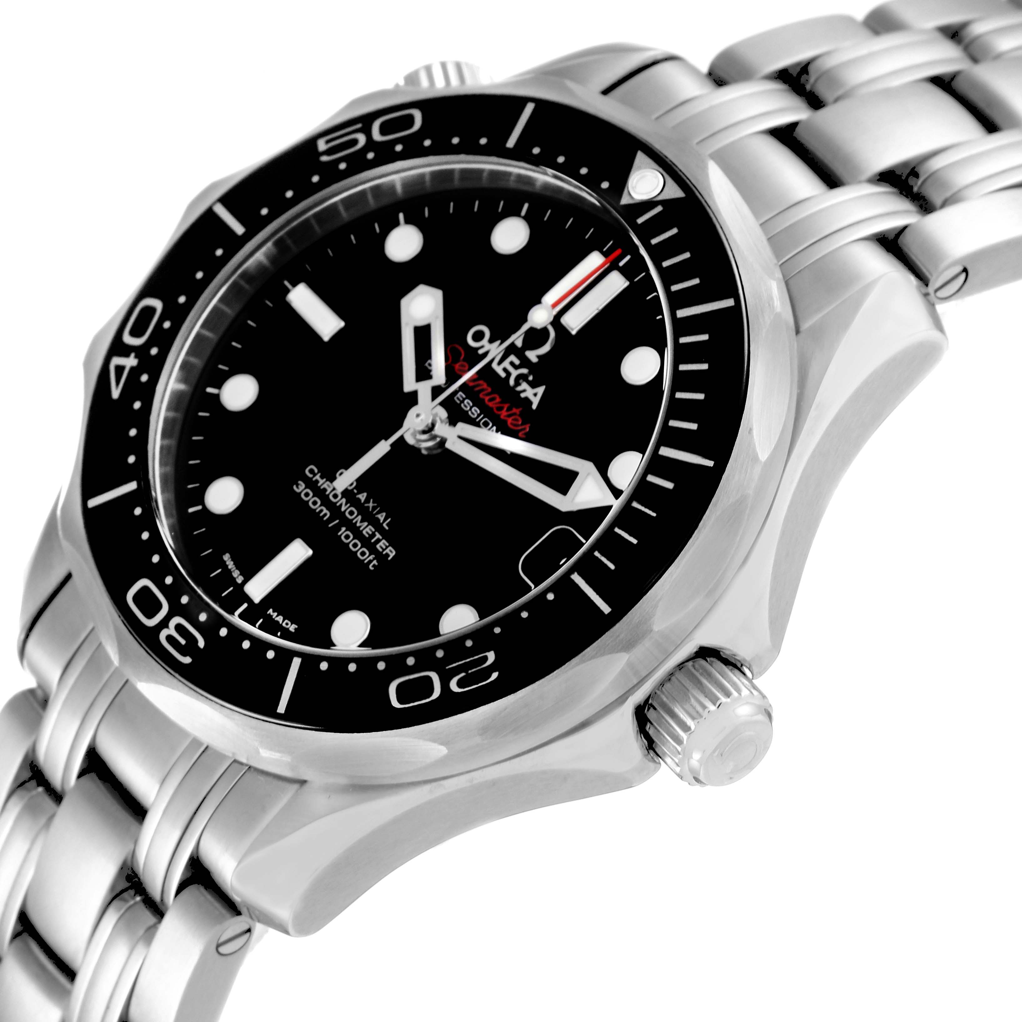 The image shows an angled view of the Omega Seamaster 212.30.36.20.01.002 Men's Stainless Steel Black Dial 212.30.36.20.01.002 Men's Stainless Steel Black Dial watch, highlighting the dial, bezel, crown, and bracelet.