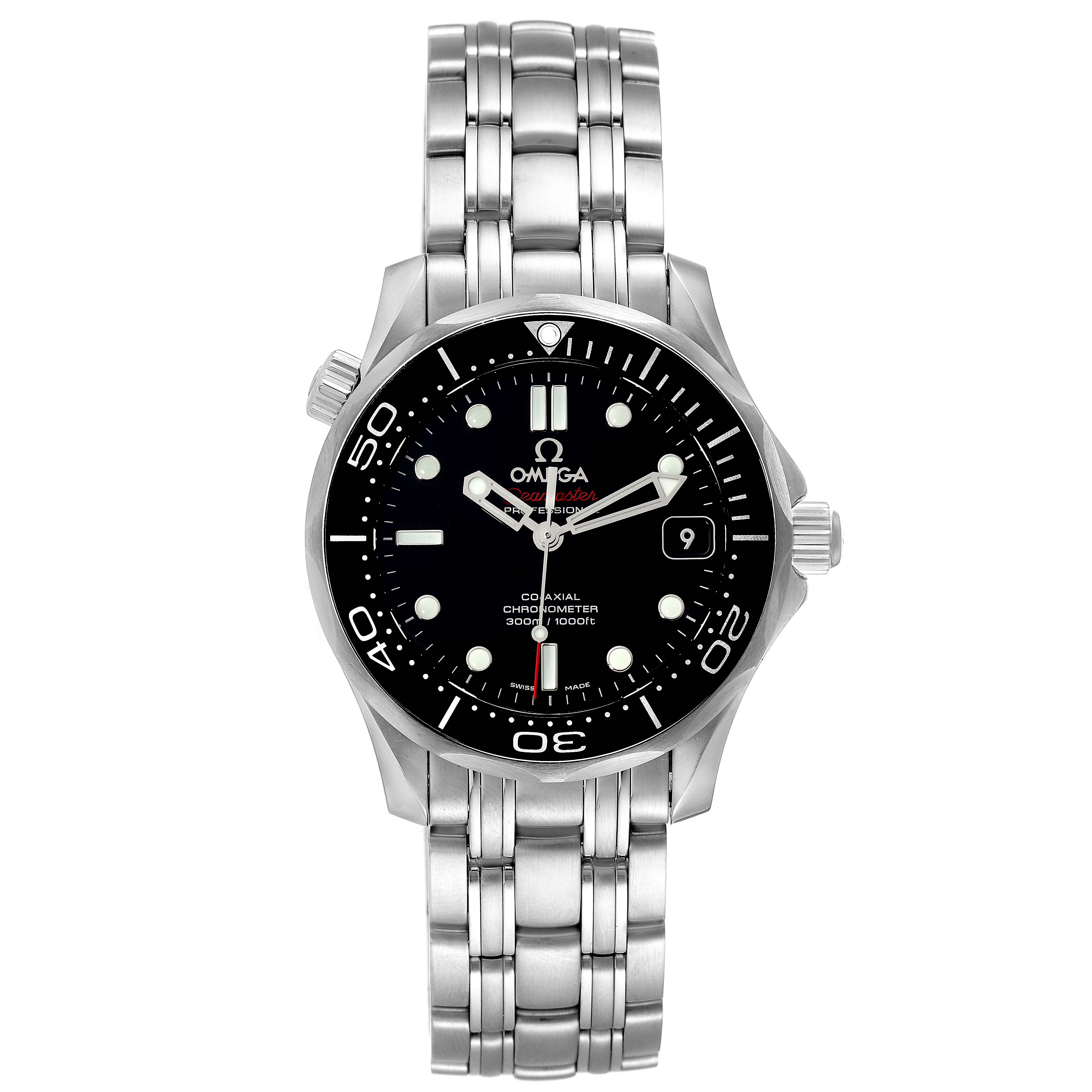 The image shows a front view of an Omega Seamaster 212.30.36.20.01.002 Men's Stainless Steel Black Dial 212.30.36.20.01.002 Men's Stainless Steel Black Dial watch, highlighting its black dial and stainless steel bracelet.
