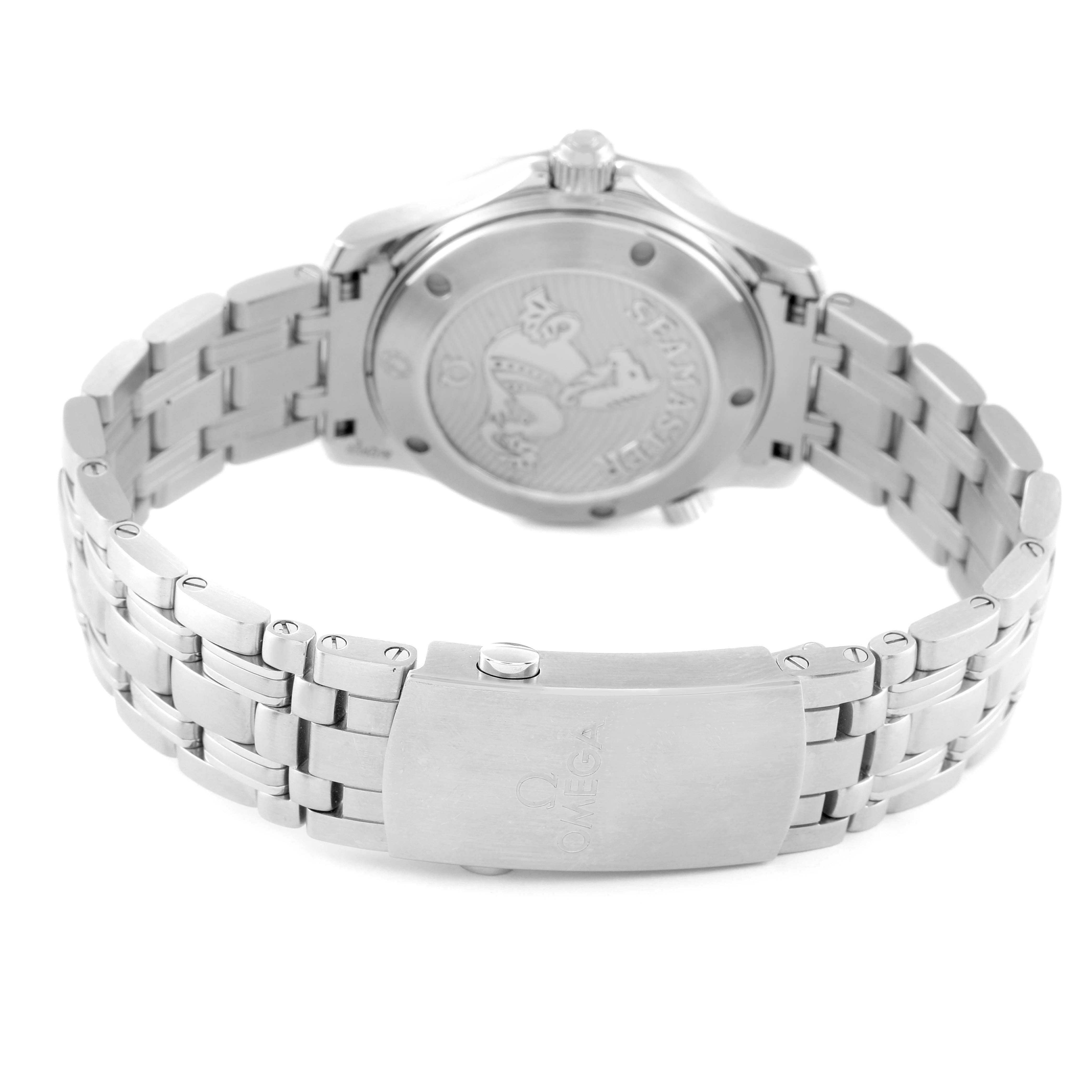 This image shows the back case and clasp of the Omega Seamaster 212.30.36.20.01.002 Men's Stainless Steel Black Dial 212.30.36.20.01.002 Men's Stainless Steel Black Dial watch, emphasizing its bracelet and case back detailing.