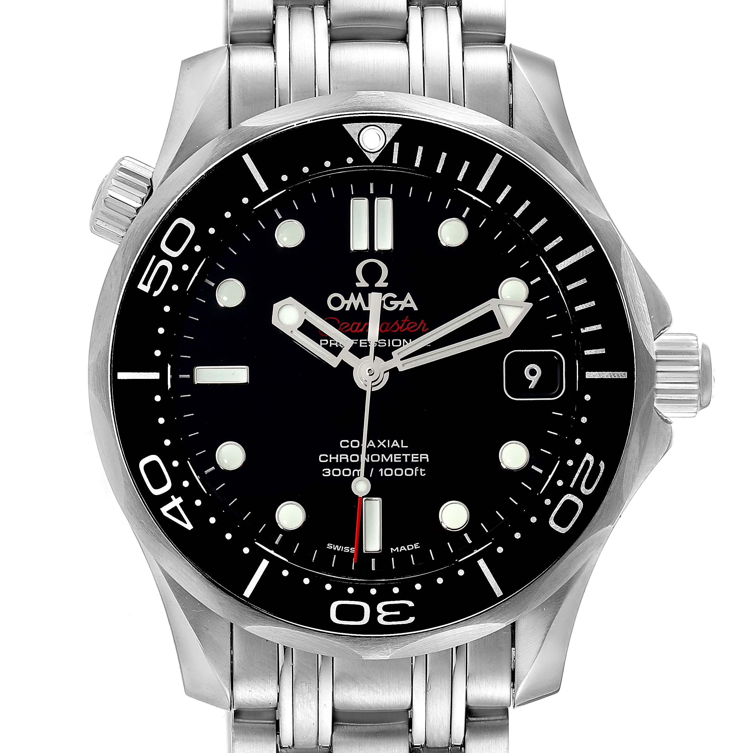 The image shows a front view of the Omega Seamaster 212.30.36.20.01.002 Men's Stainless Steel Black Dial 212.30.36.20.01.002 Men's Stainless Steel Black Dial watch's face and part of its stainless steel bracelet.
