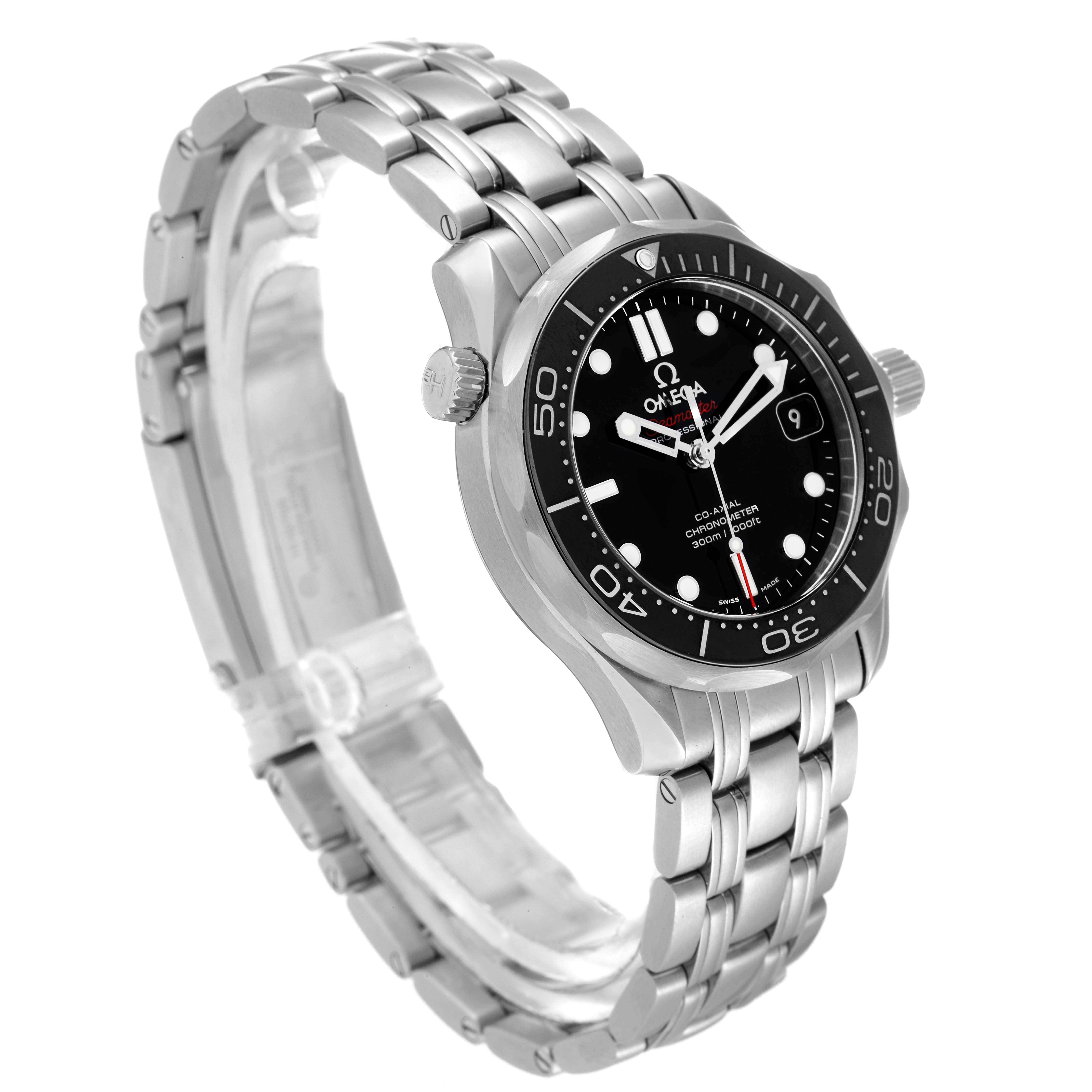 The Omega Seamaster 212.30.36.20.01.002 Men's Stainless Steel Black Dial 212.30.36.20.01.002 Men's Stainless Steel Black Dial watch is shown at a three-quarter angle highlighting the stainless steel bracelet, bezel, and watch face.