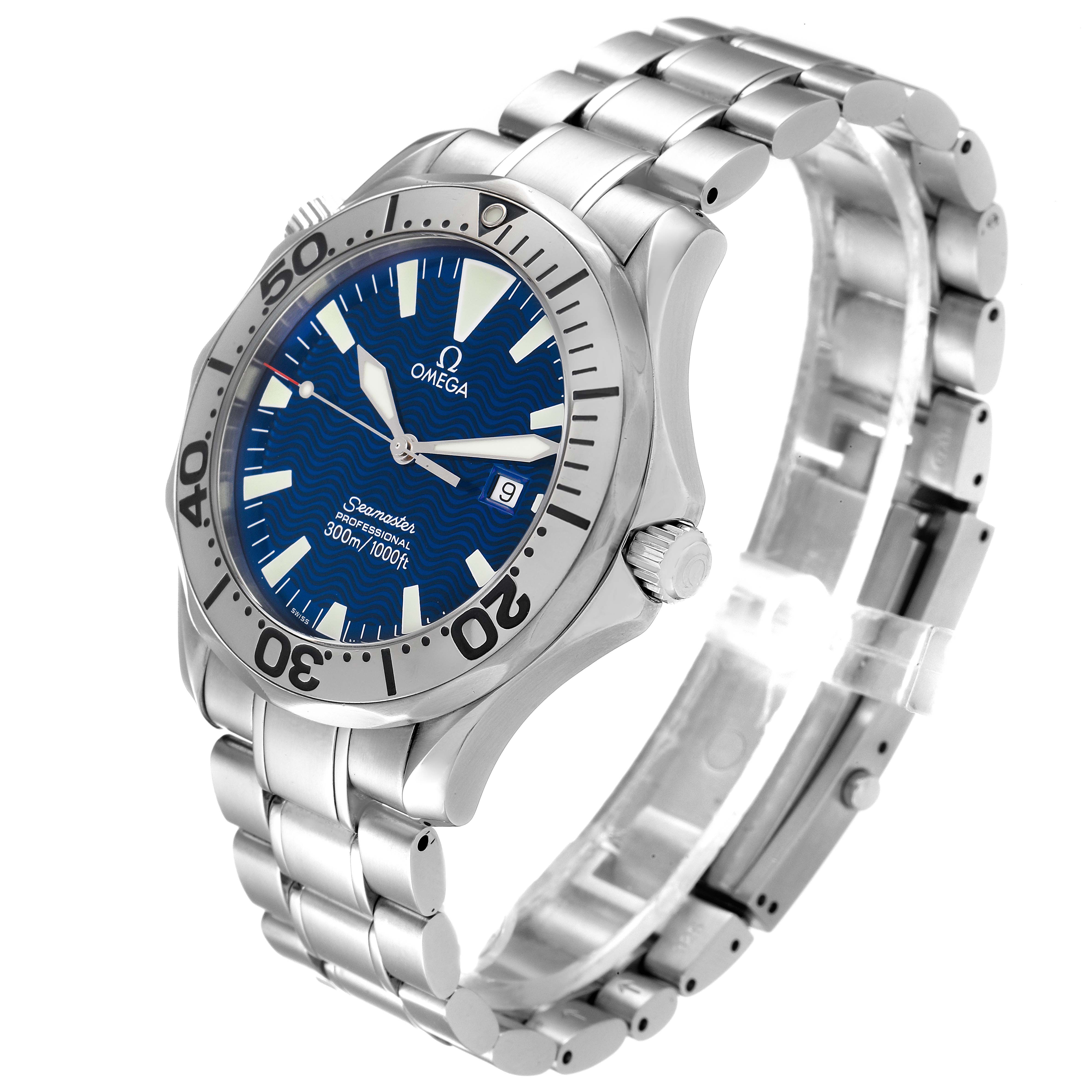 The image shows an Omega Seamaster 2265.80.00 Men's Stainless Steel Blue Dial 2265.80.00 Men's Stainless Steel Blue Dial watch at a three-quarter angle, highlighting the face, bezel, crown, and metal bracelet.