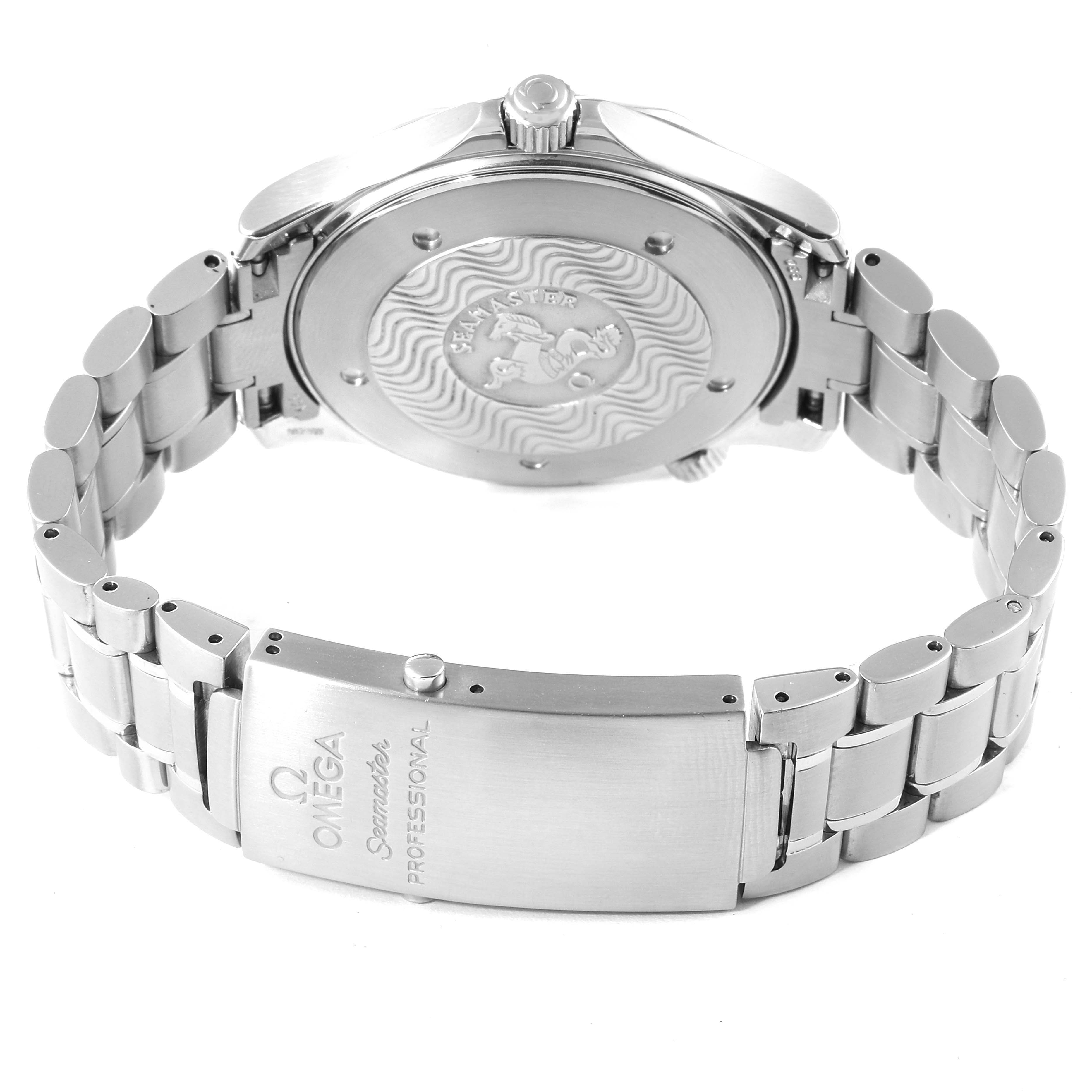 The image shows the back casing and bracelet of an Omega Seamaster 2265.80.00 Men's Stainless Steel Blue Dial 2265.80.00 Men's Stainless Steel Blue Dial watch, including its clasp and embossed design.