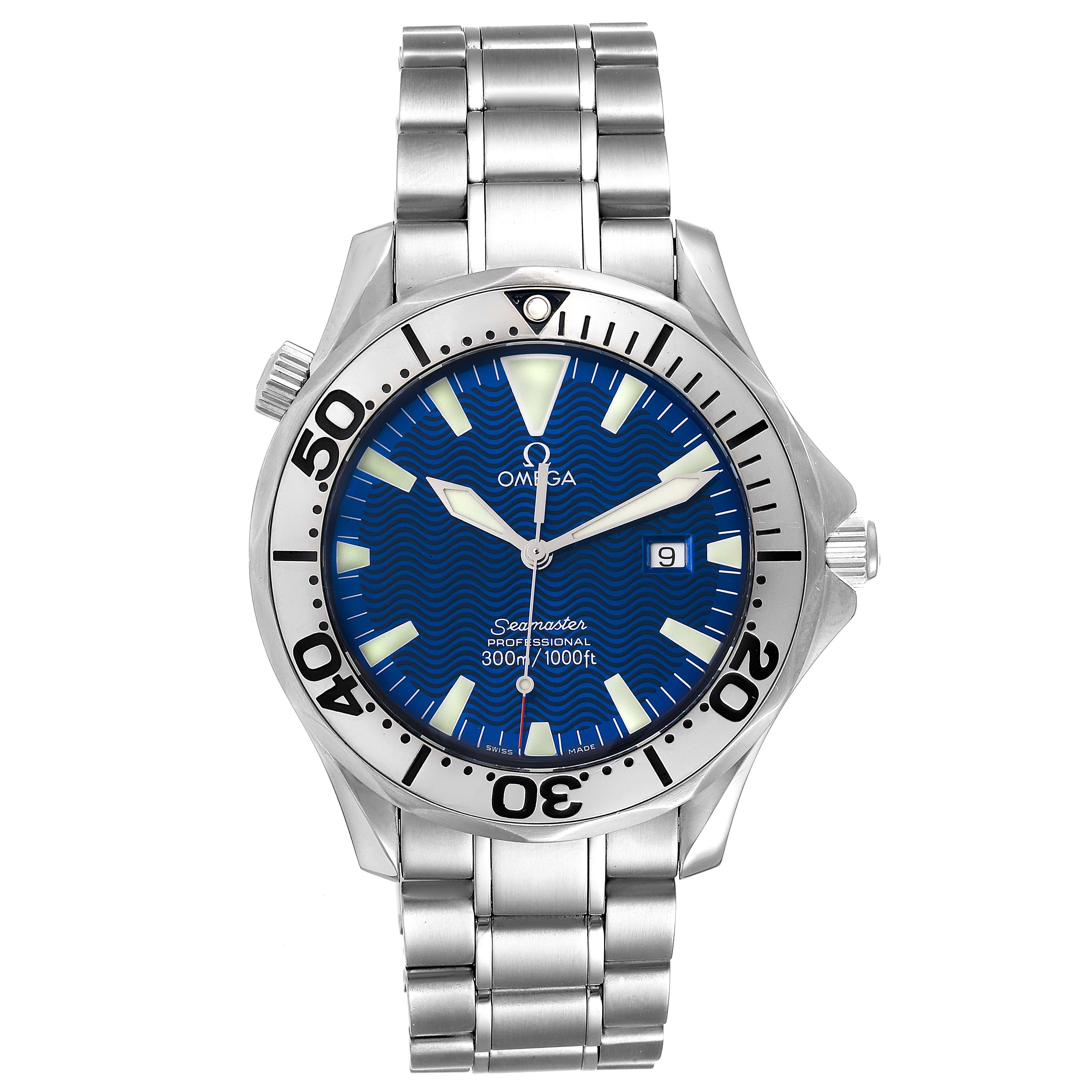 This image shows a front view of the Omega Seamaster 2265.80.00 Men's Stainless Steel Blue Dial 2265.80.00 Men's Stainless Steel Blue Dial watch, displaying its dial, bezel, crown, and stainless steel bracelet.
