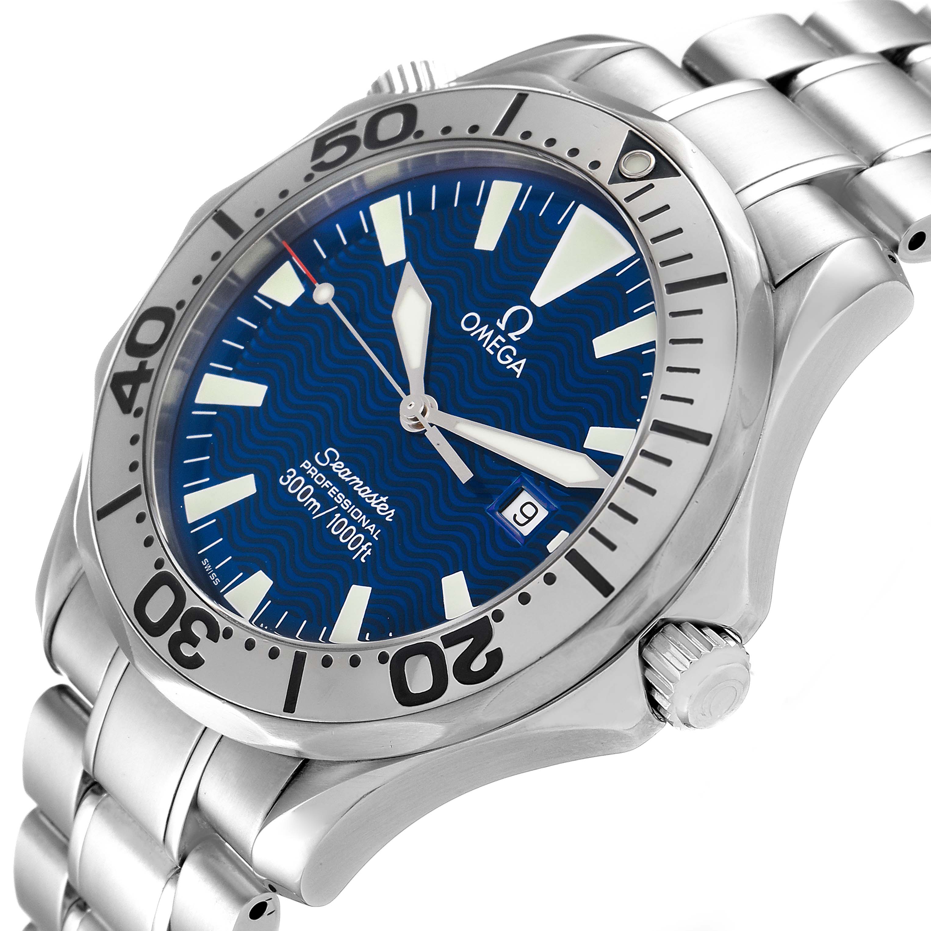 The Omega Seamaster 2265.80.00 Men's Stainless Steel Blue Dial 2265.80.00 Men's Stainless Steel Blue Dial watch is shown at a slight angle highlighting the face, bracelet, bezel, and crown.