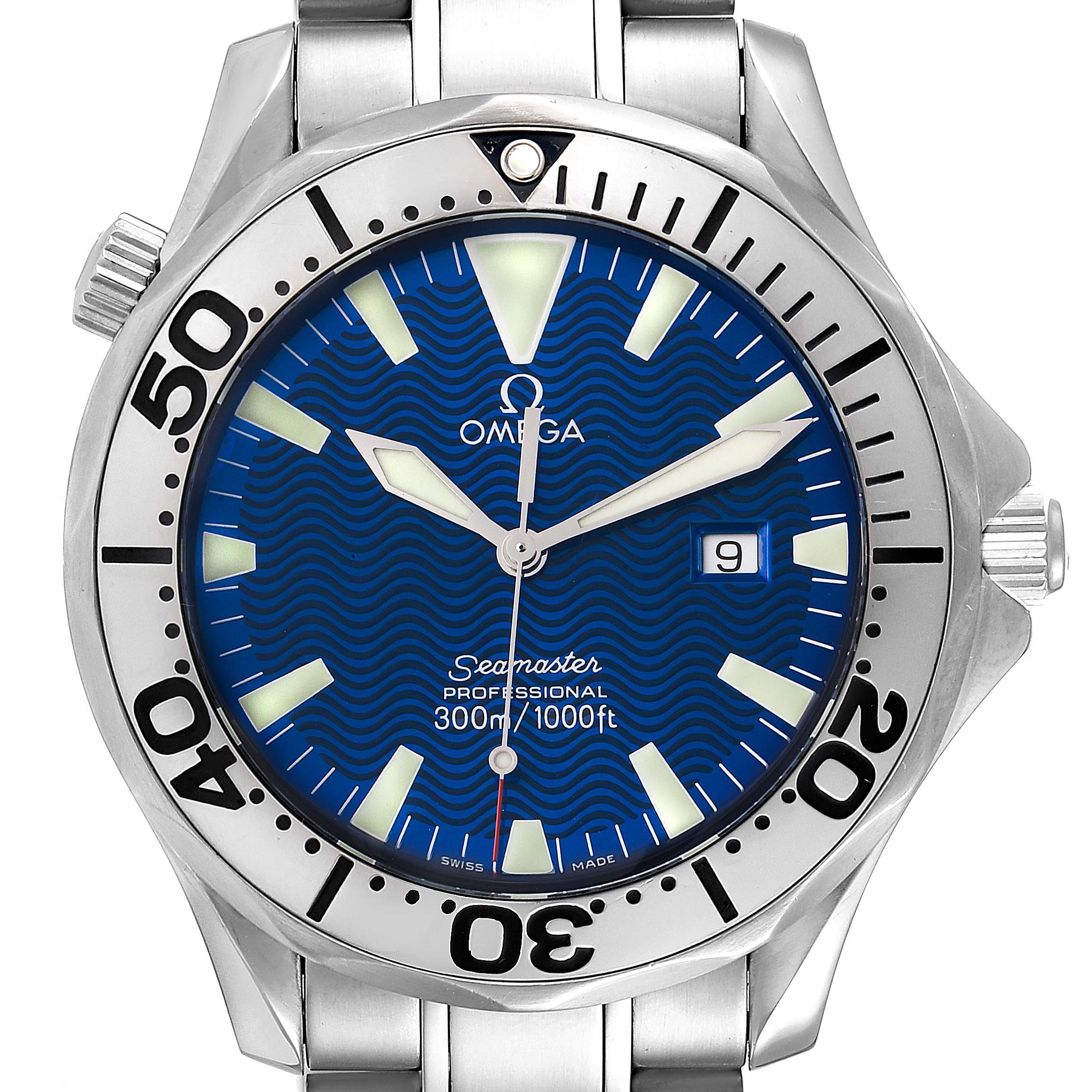 The image shows a front view of an Omega Seamaster 2265.80.00 Men's Stainless Steel Blue Dial 2265.80.00 Men's Stainless Steel Blue Dial watch, highlighting the blue dial, luminous hands, and date window.