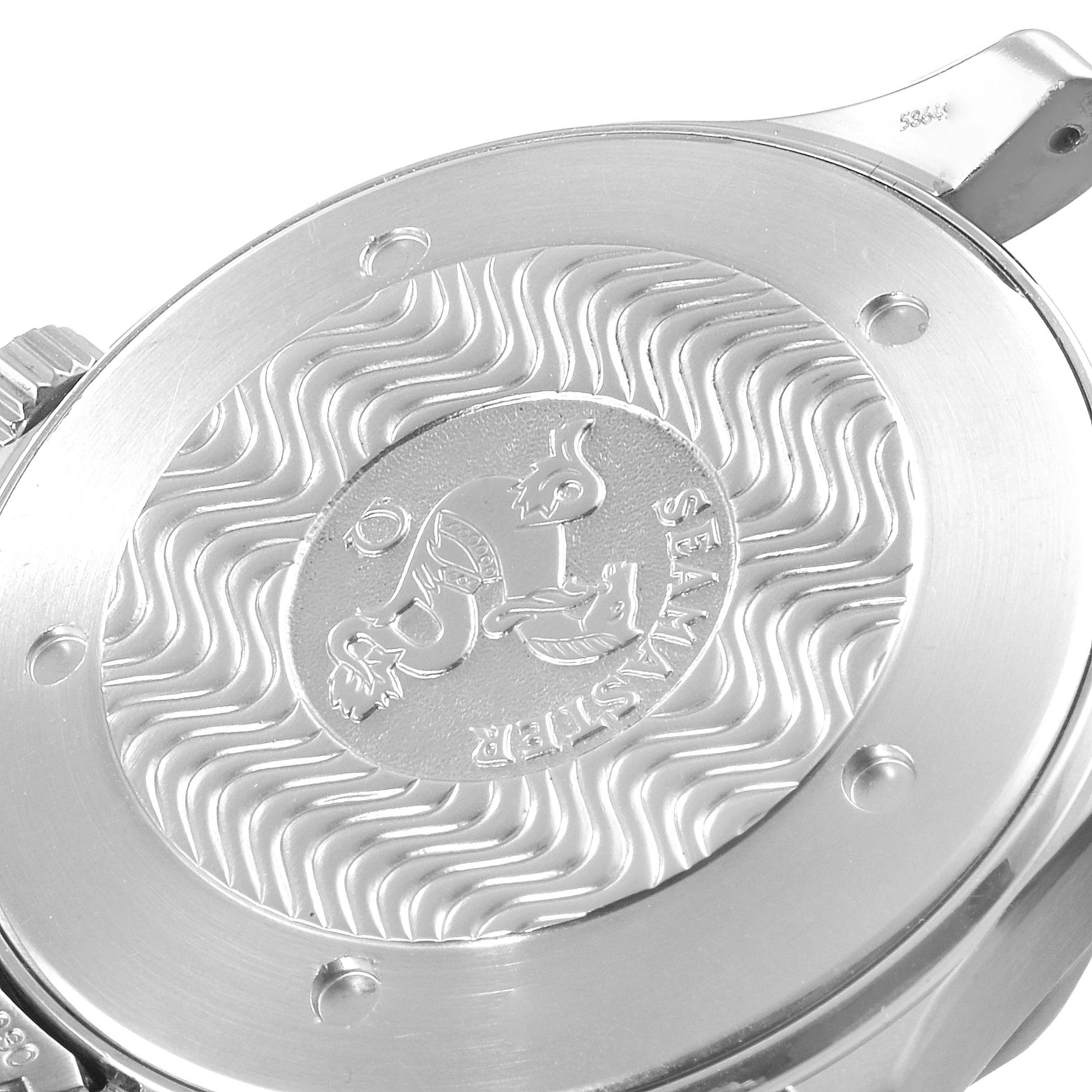 This image shows the backside of an Omega Seamaster 2265.80.00 Men's Stainless Steel Blue Dial 2265.80.00 Men's Stainless Steel Blue Dial watch, highlighting the engraved case back.