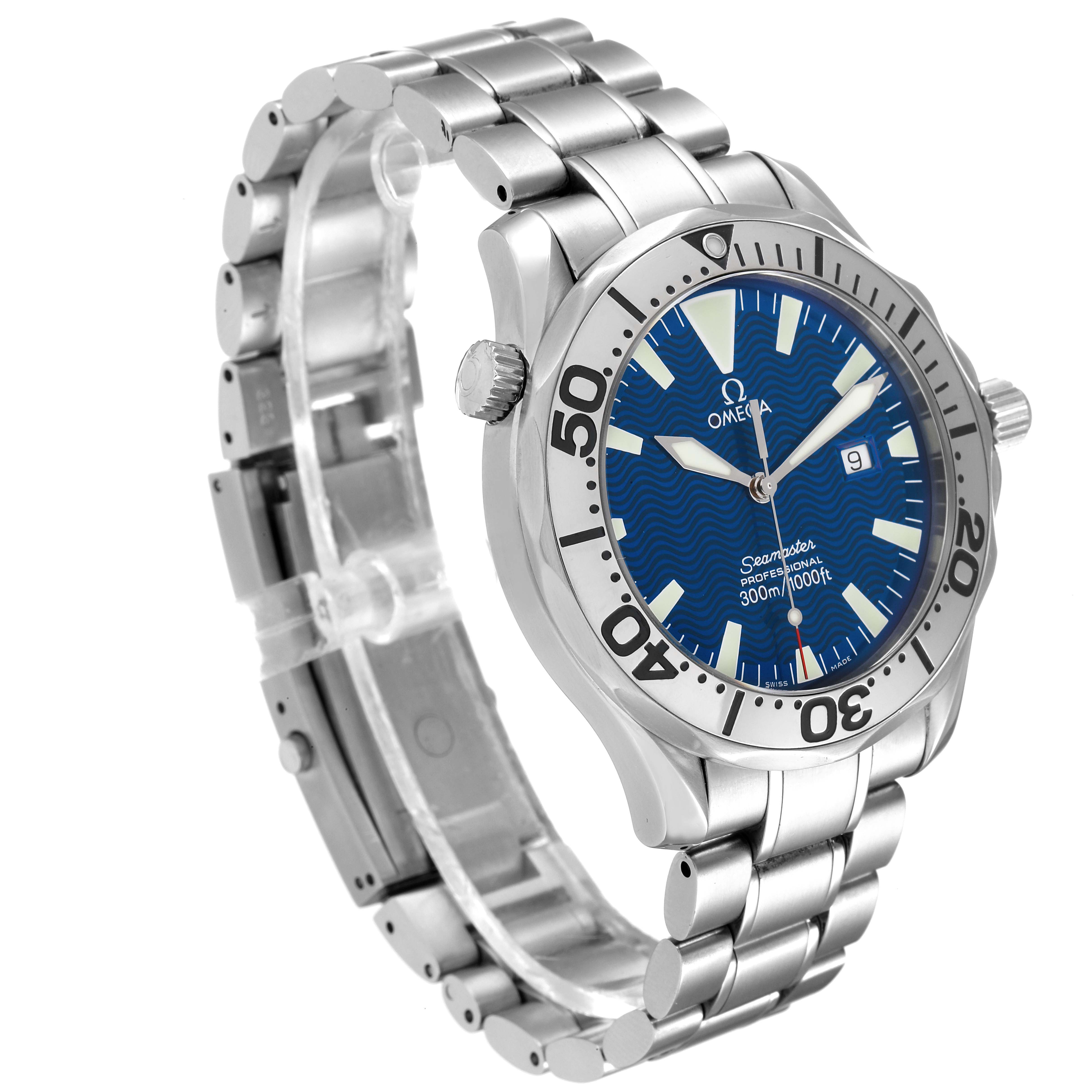 The Omega Seamaster 2265.80.00 Men's Stainless Steel Blue Dial 2265.80.00 Men's Stainless Steel Blue Dial watch is shown at an angled view, displaying the face, bezel, crown, and stainless steel bracelet.